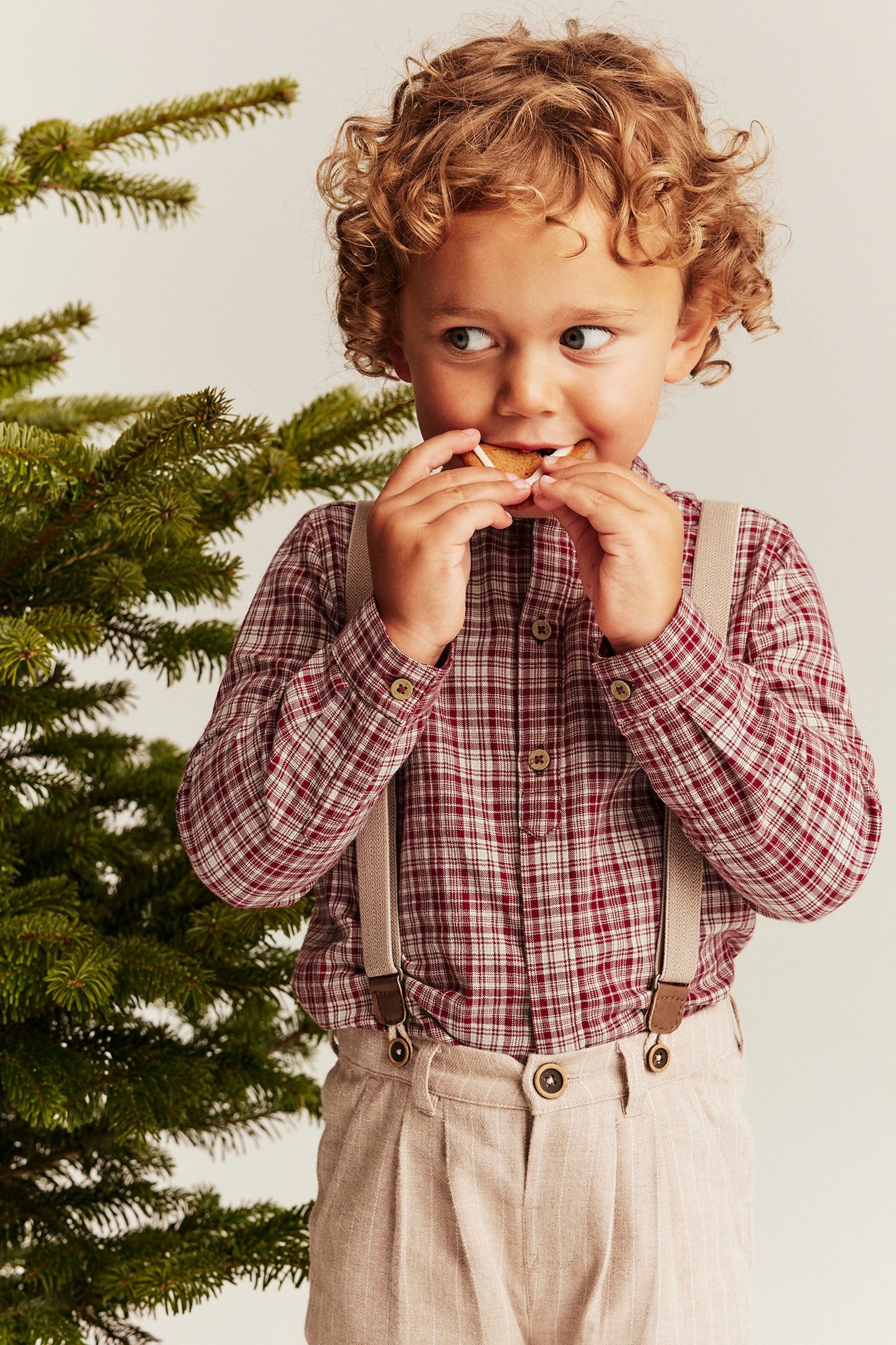 Front view of a kid in a red and white checked cotton shirt, beige trousers, and suspenders, eating a cookie.