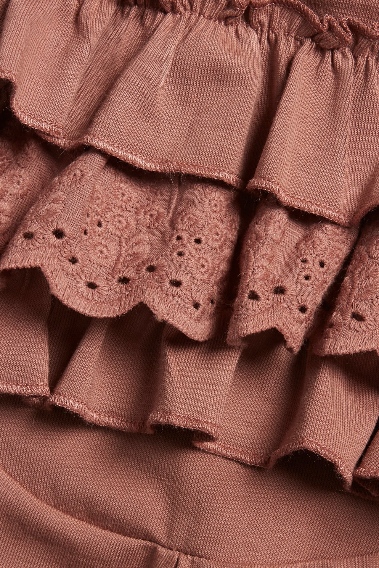 Close-up back view of pink cotton blend leggings with tiered ruffles and eyelet lace.