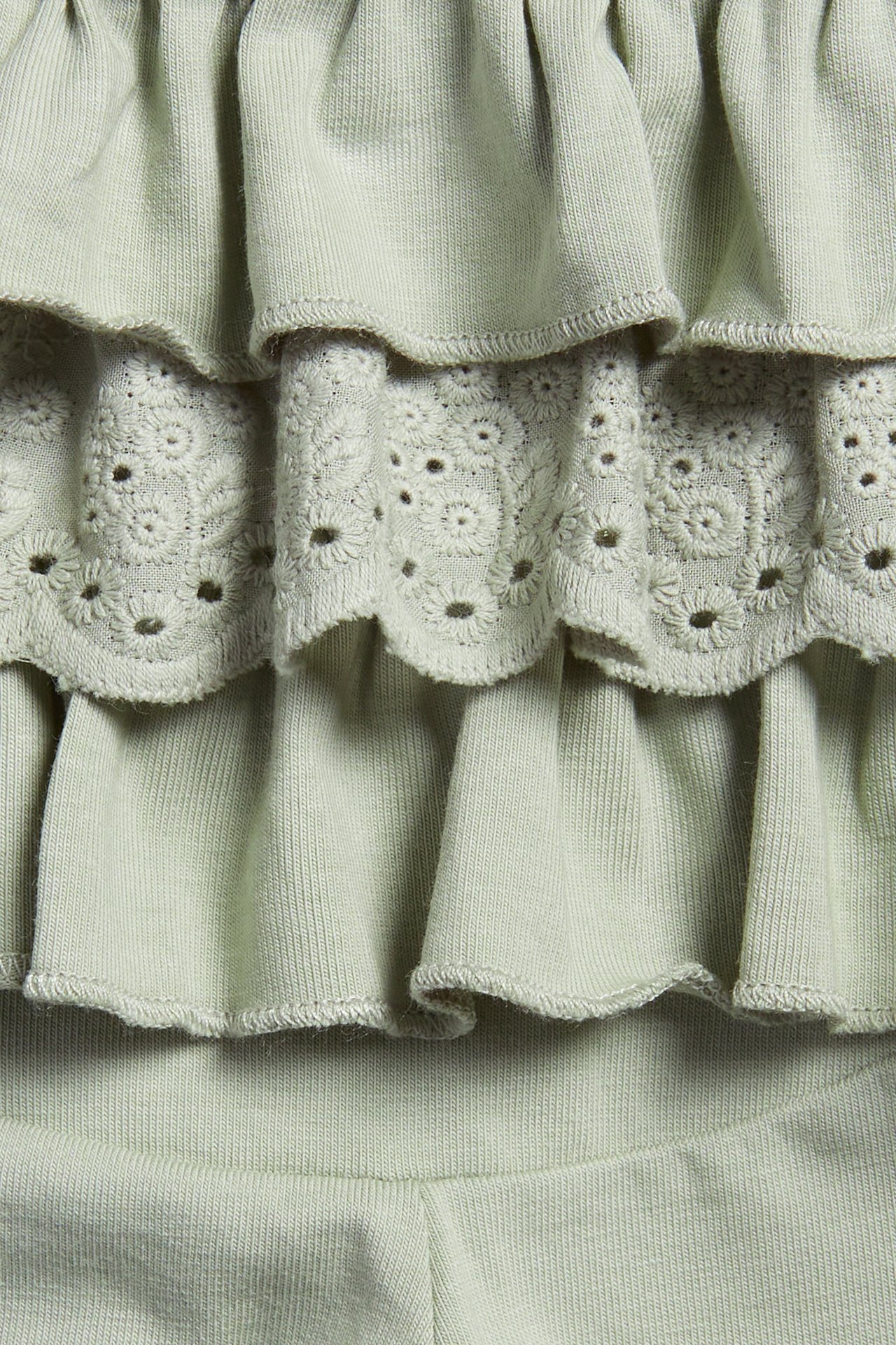 Nahaufnahme Rückansicht hellgrüner Baby-Leggings mit Rüschen und Spitzendetail.