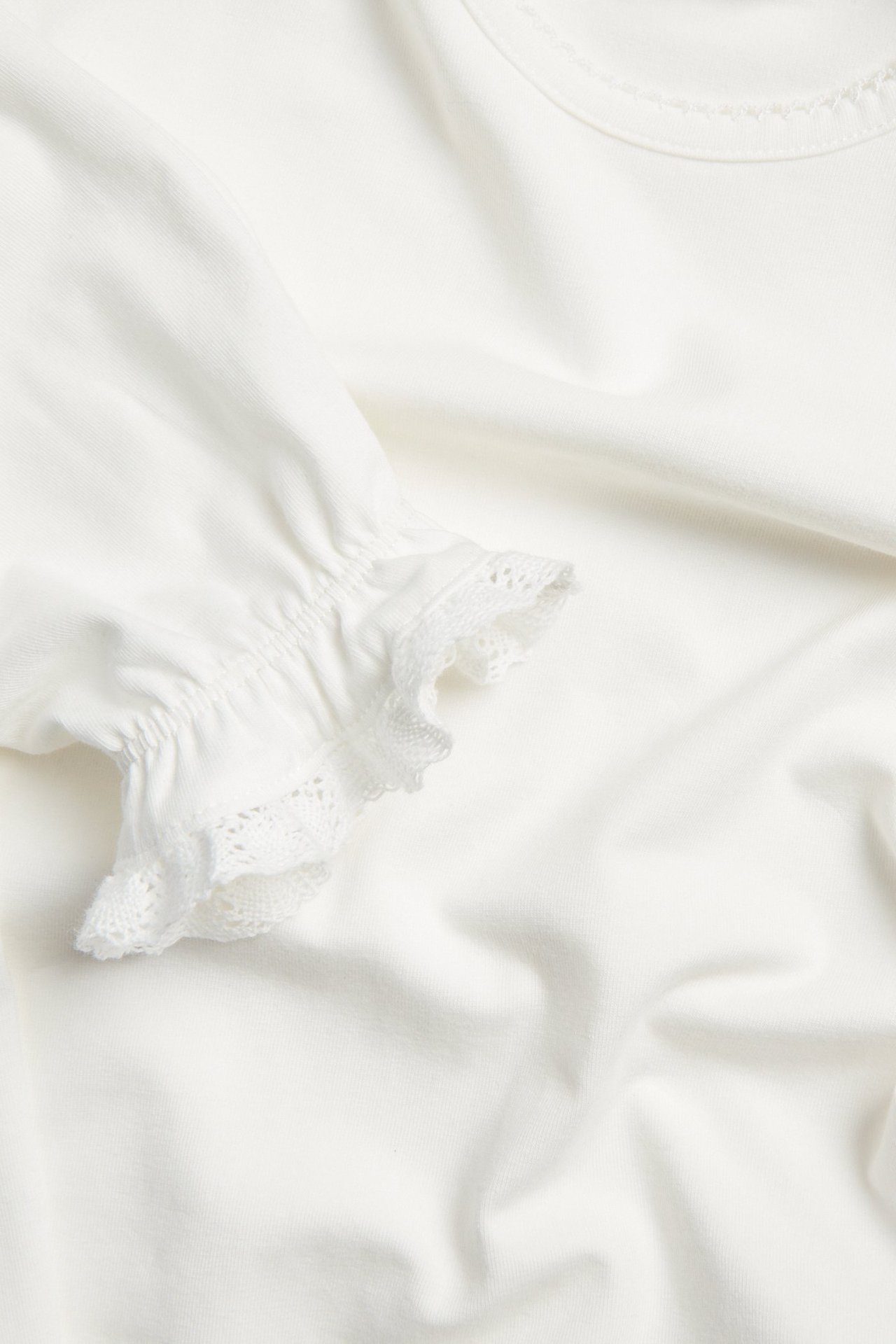 Close-up of an off-white long-sleeved top with a picot neckline and ruffled lace cuffs.