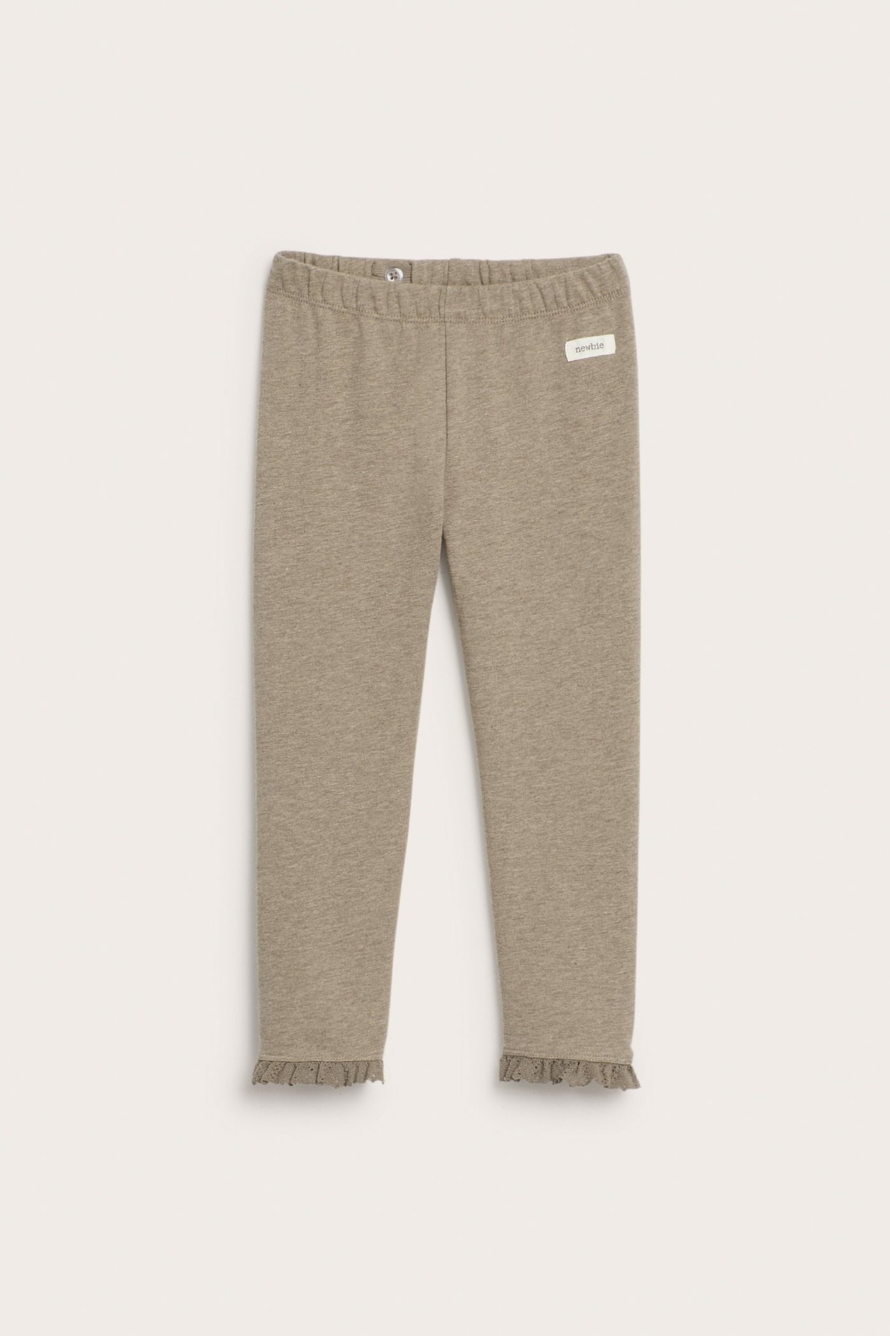 Vorderansicht braunmeliert Baby-Leggings mit Gummizugbund und Spitzenbesatz an den Beinabschlüssen.