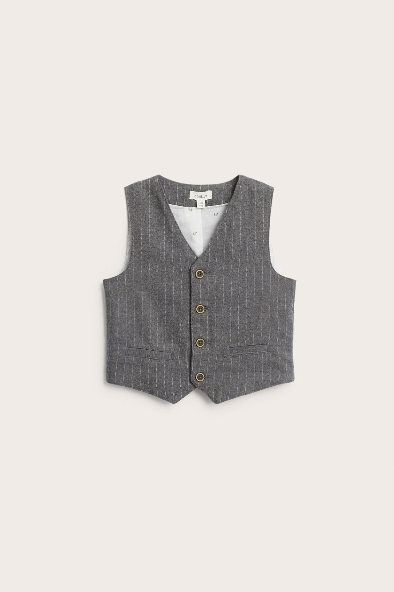Front view of a kid's grey melange pinstriped woven vest with four gold buttons and a white patterned lining.