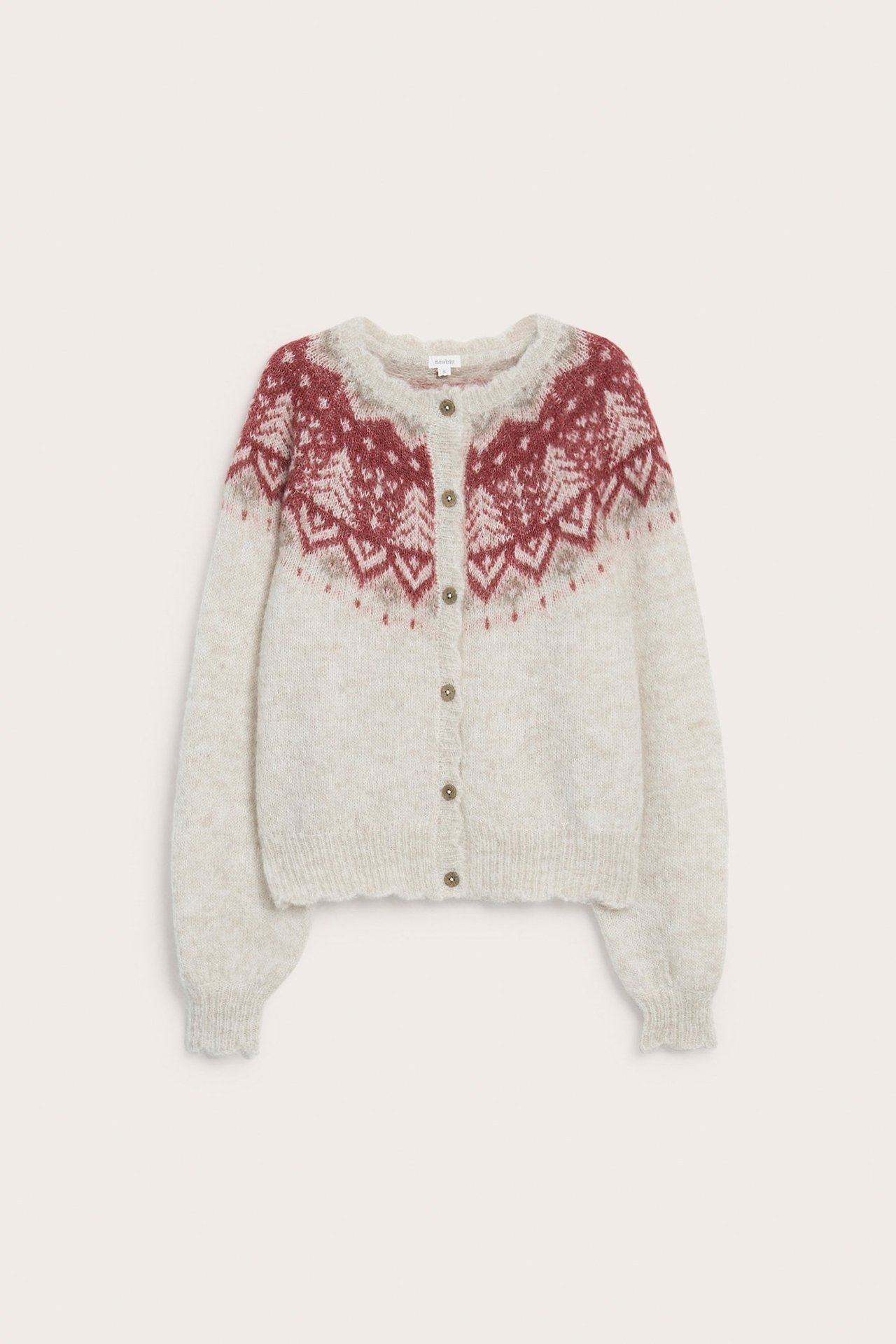 Front view of a beige melange wool-blend knitted cardigan with red and grey jacquard pattern and front buttons.
