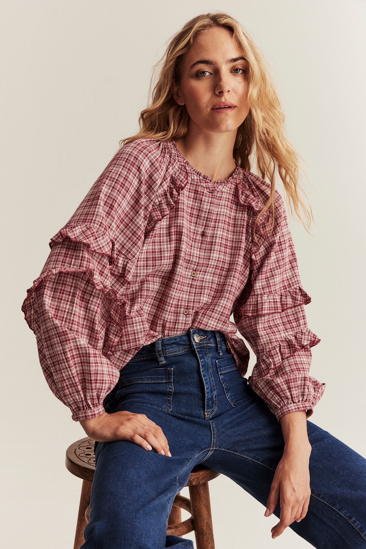 Red plaid woven blouse with ruffles, buttons front, made of 100% cotton, matching kids.