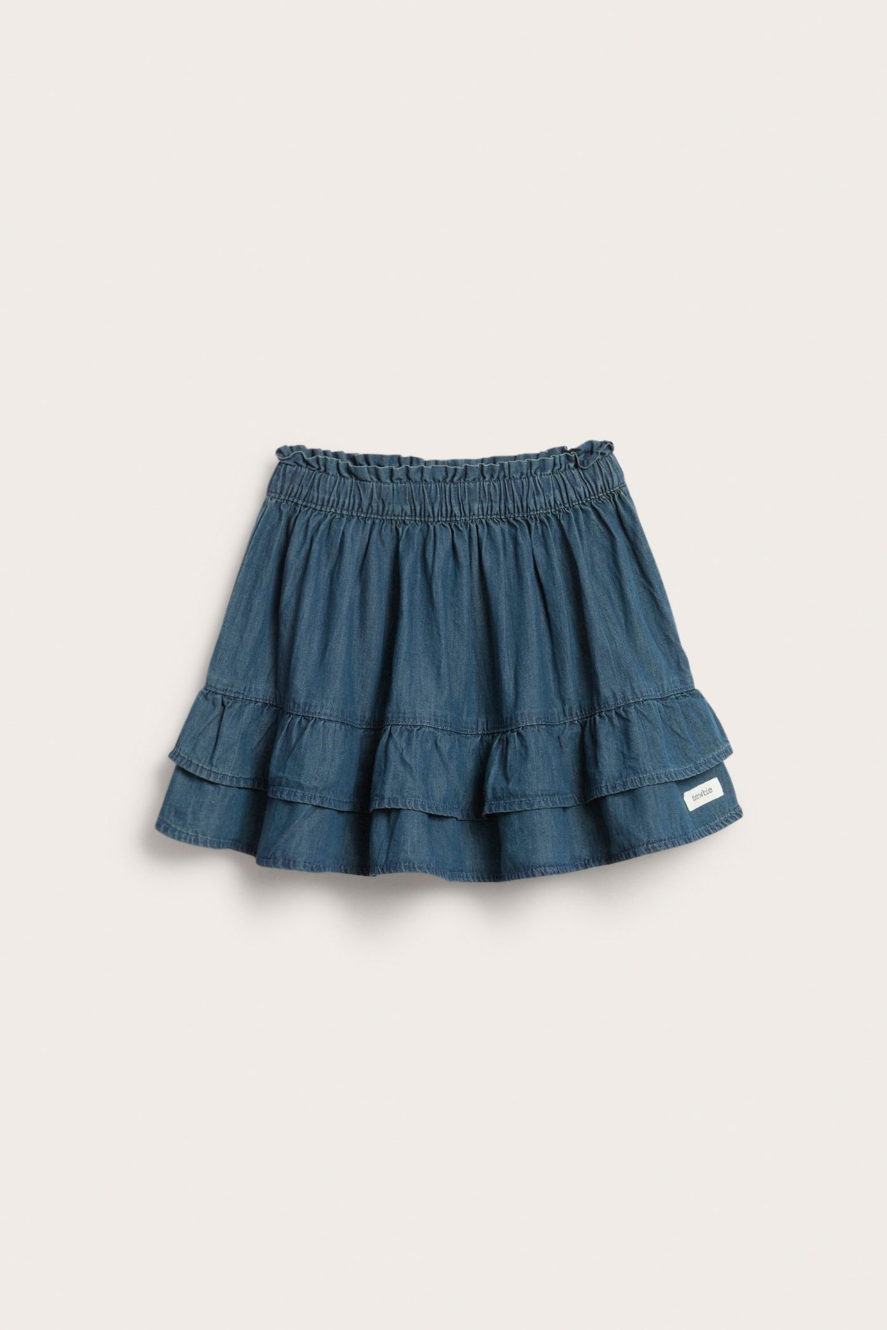 Denim skirt with ruffles in dark blue, soft denim, side pockets, adjustable waistband.