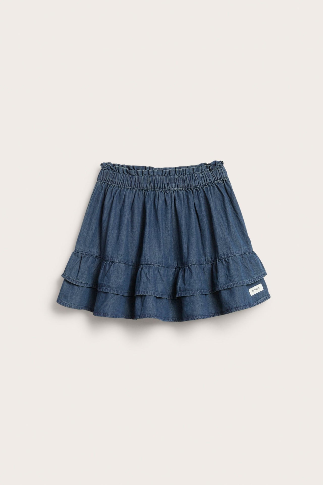 Vorderansicht eines Kinder-Denimrocks mit elastischem Bund und zwei Rüschenlagen.