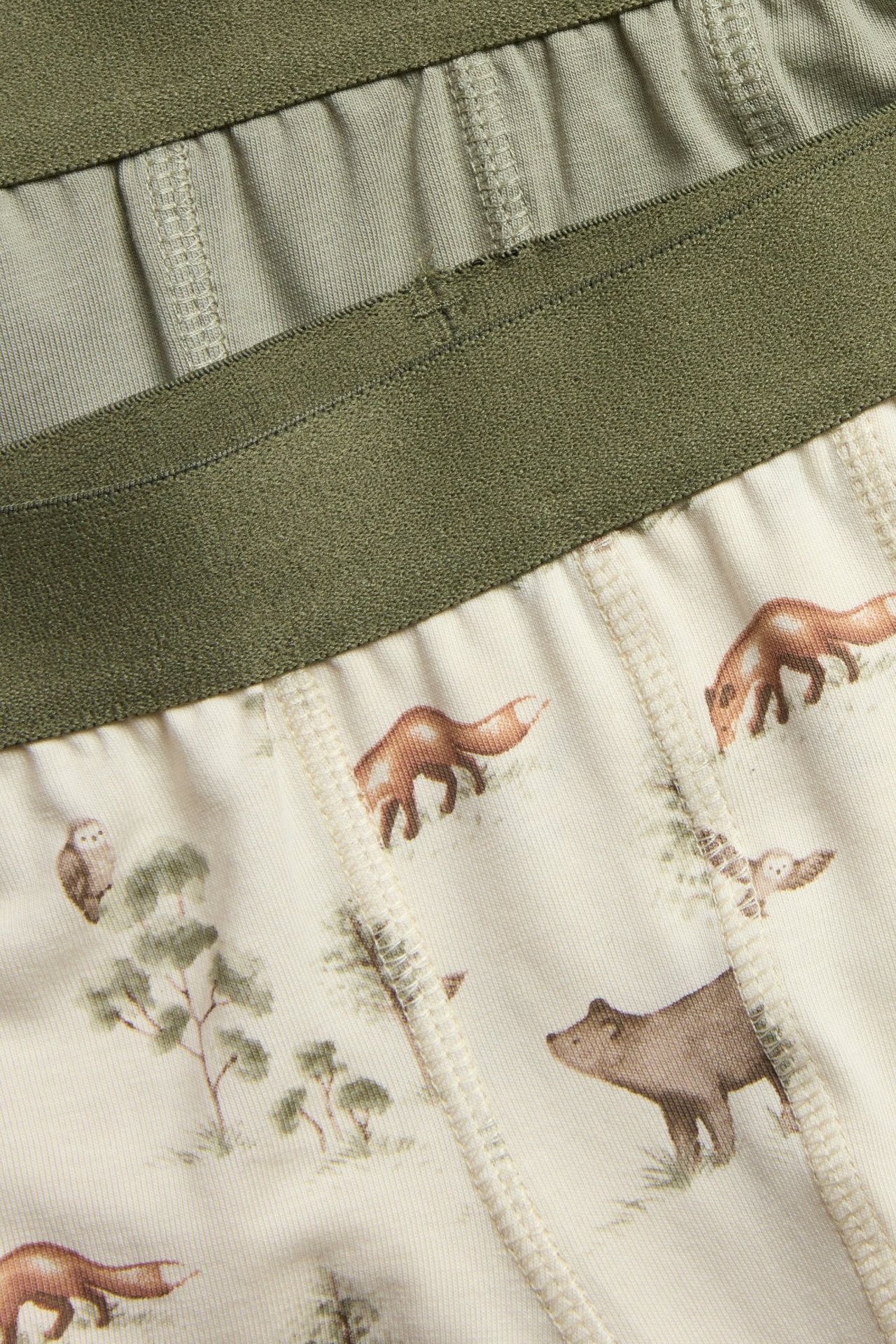 Nahaufnahme von Kinder-Boxershorts: hellbeige mit Tiermuster und ein hellgrünes Paar, mit dunkelgrünen Gummibändern.