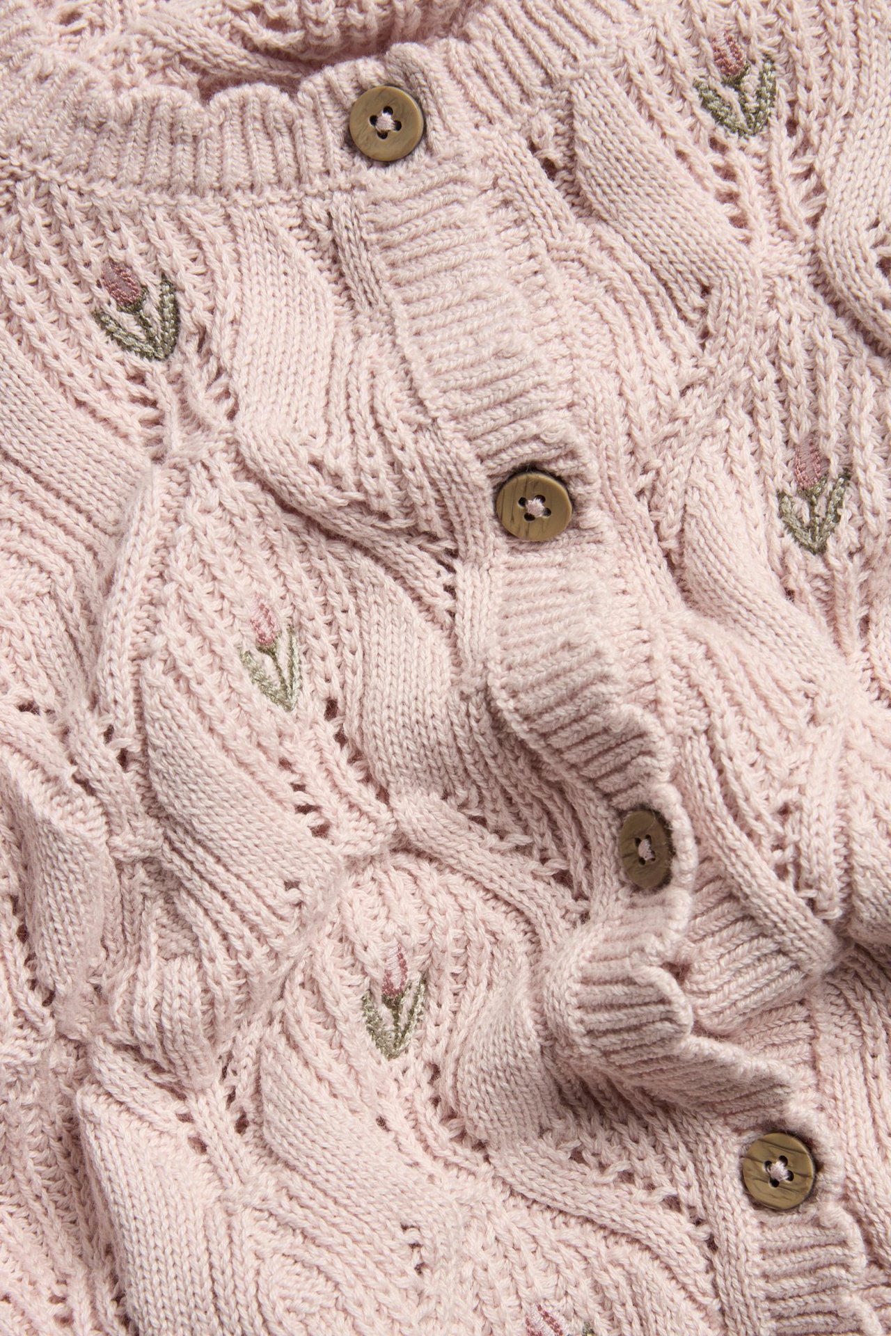 Close-up of a light pink cotton knit cardigan with open-work pattern, embroidered flowers, and wooden buttons.