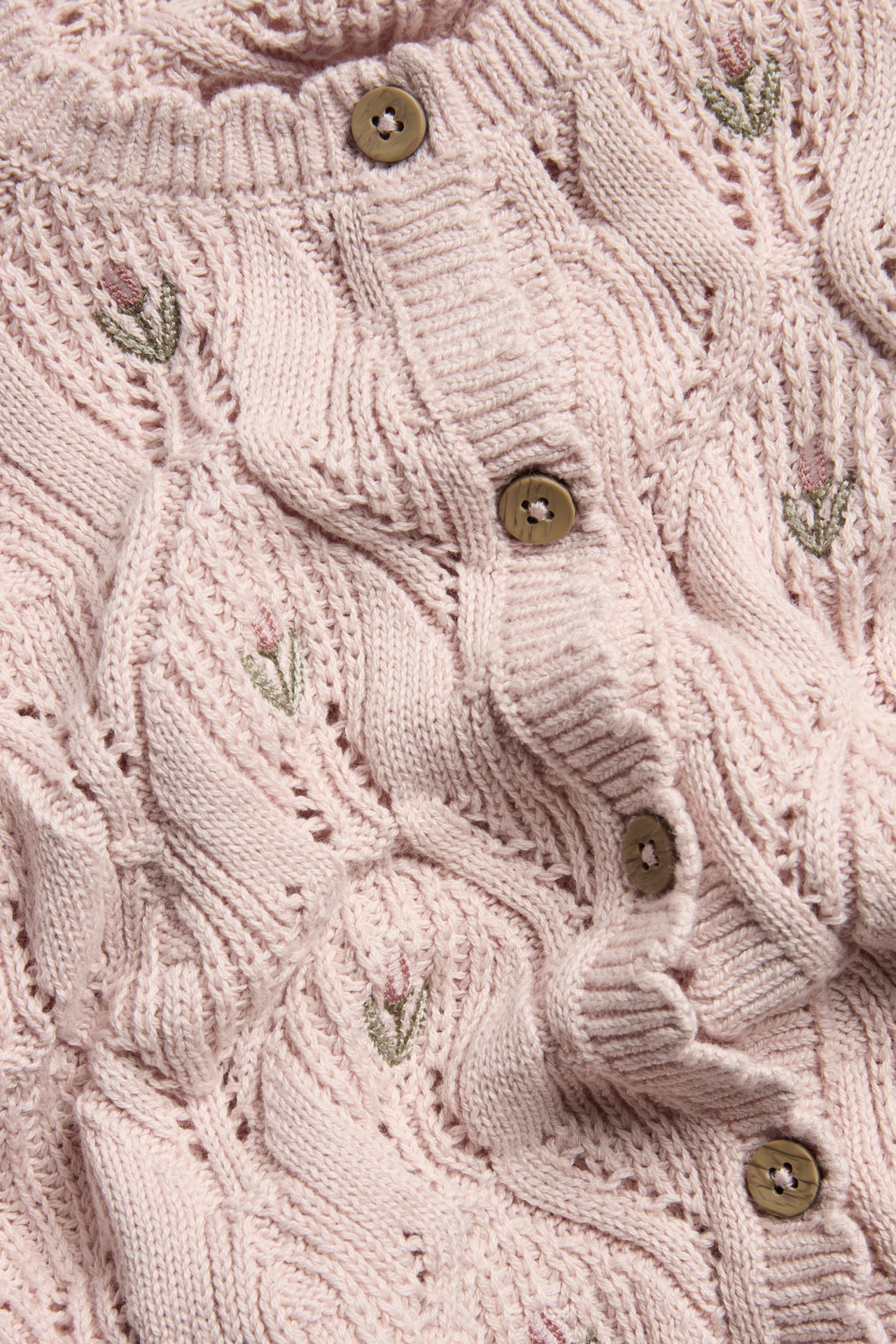 Close-up of a light pink cotton knit cardigan with open-work pattern, embroidered flowers, and wooden buttons.