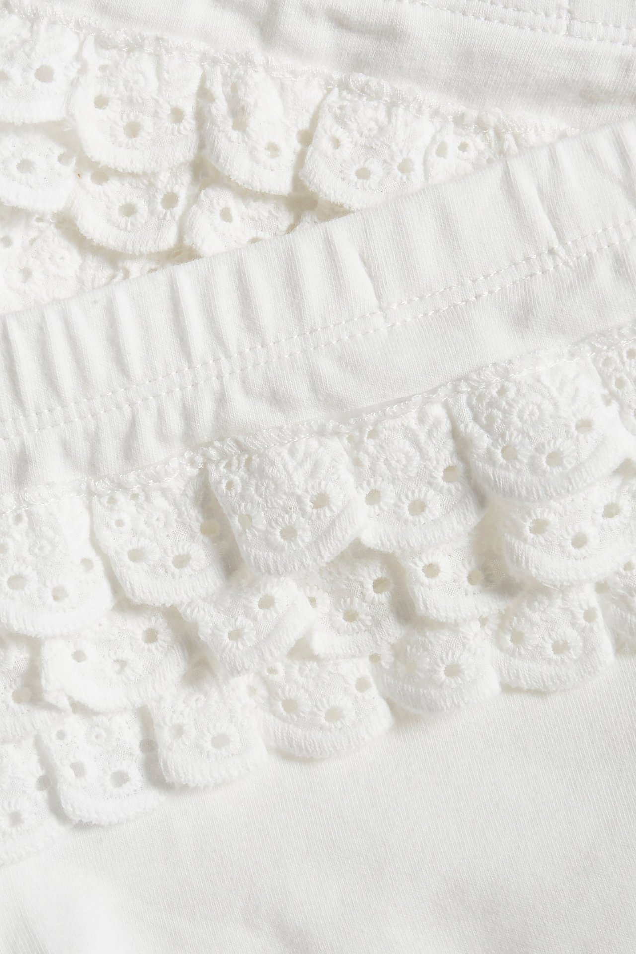 Nahaufnahme von cremeweißen Baumwollhöschen mit Gummibund und spitzenbestickten Rüschendetails.