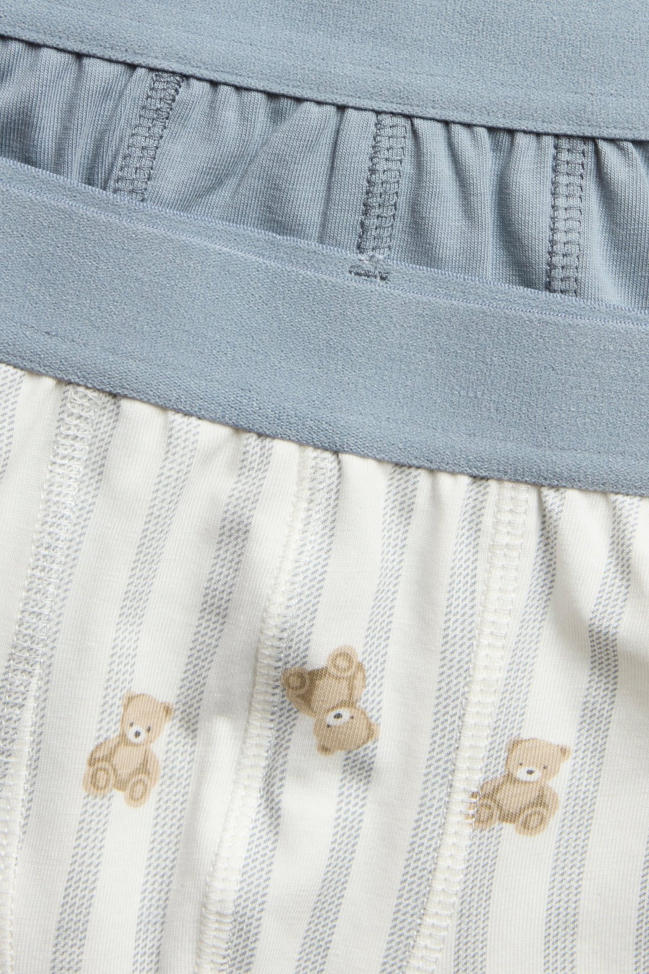 Nahaufnahme von zwei Kinder-Boxershorts: eine hellblau, eine gestreift mit Teddybären.