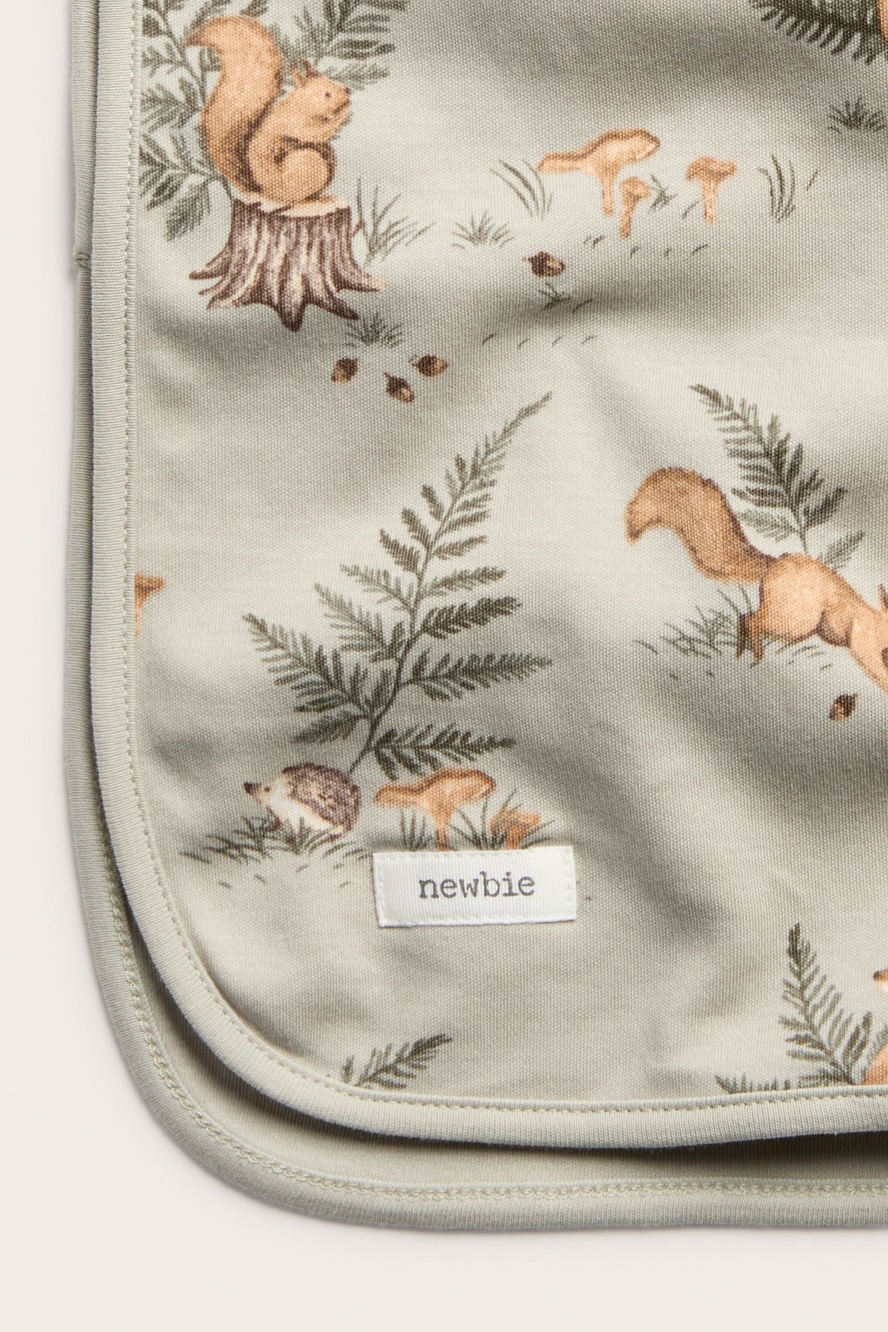 Nahaufnahme einer hellgrünen Babydecke aus Baumwolle mit Waldtiermuster, darunter Eichhörnchen und Igel.