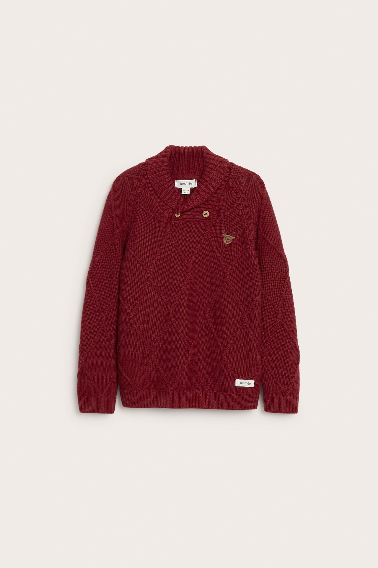 Front view of a kid's red structured knit cotton sweater with a shawl collar, two buttons, and deer embroidery.