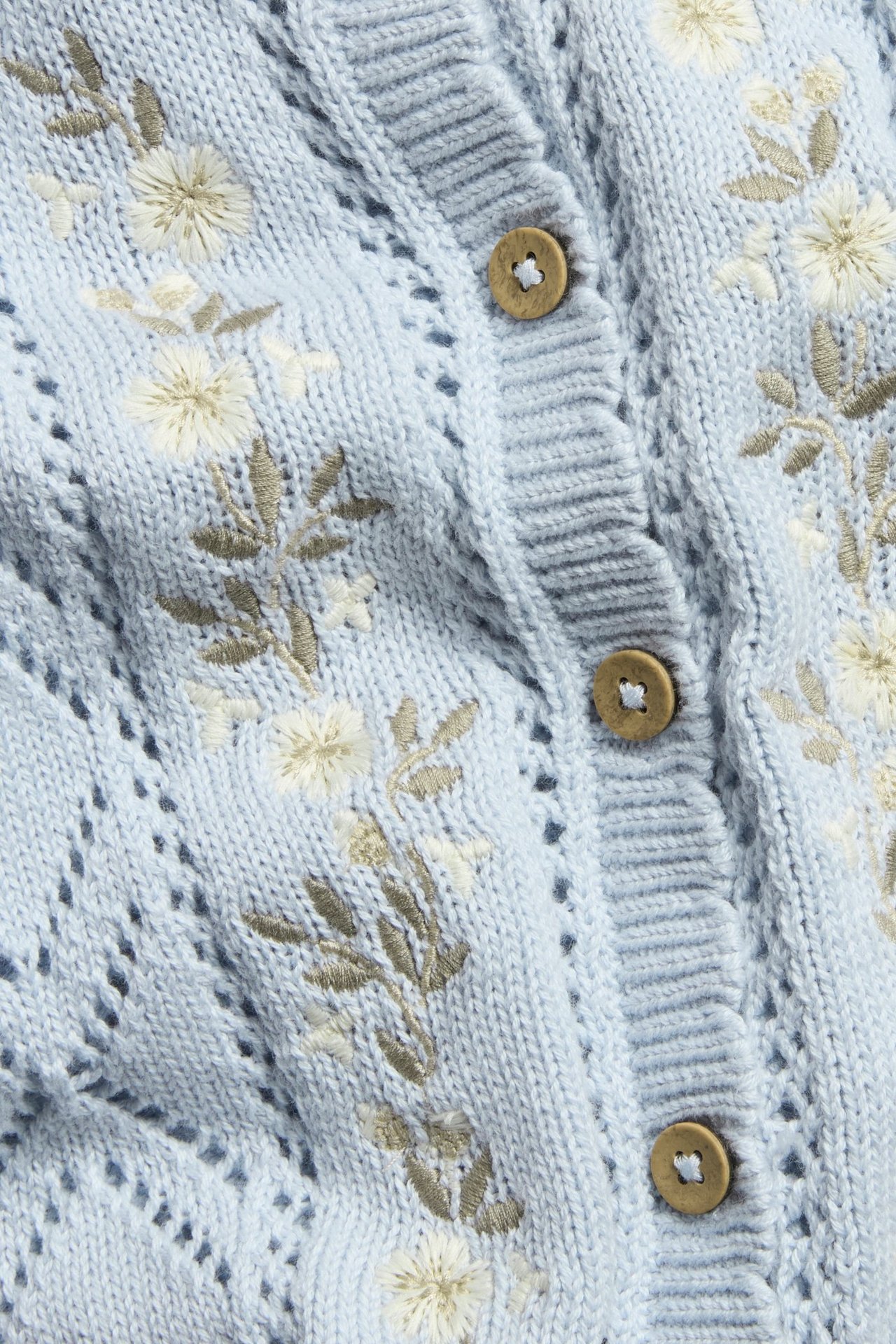 Close-up of a light blue knitted cotton cardigan with white and olive floral embroidery and wooden buttons.