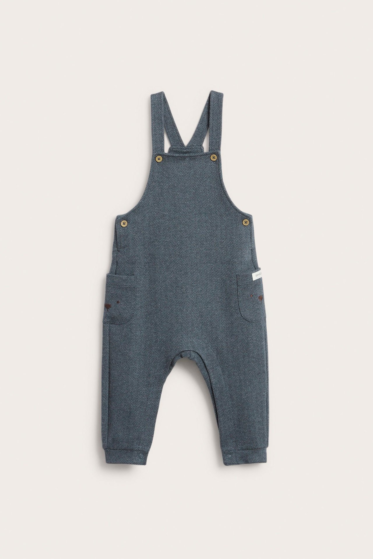 Blaue Herringbone-Latzhosen für Kinder mit verstellbaren Trägern und Seitentaschen.