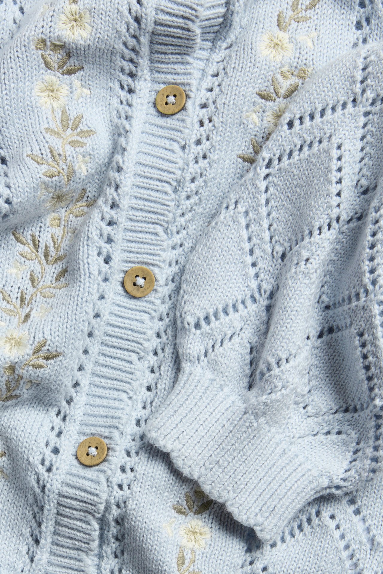 Close-up of light blue openwork cotton knit cardigan with embroidered flowers and wooden buttons.
