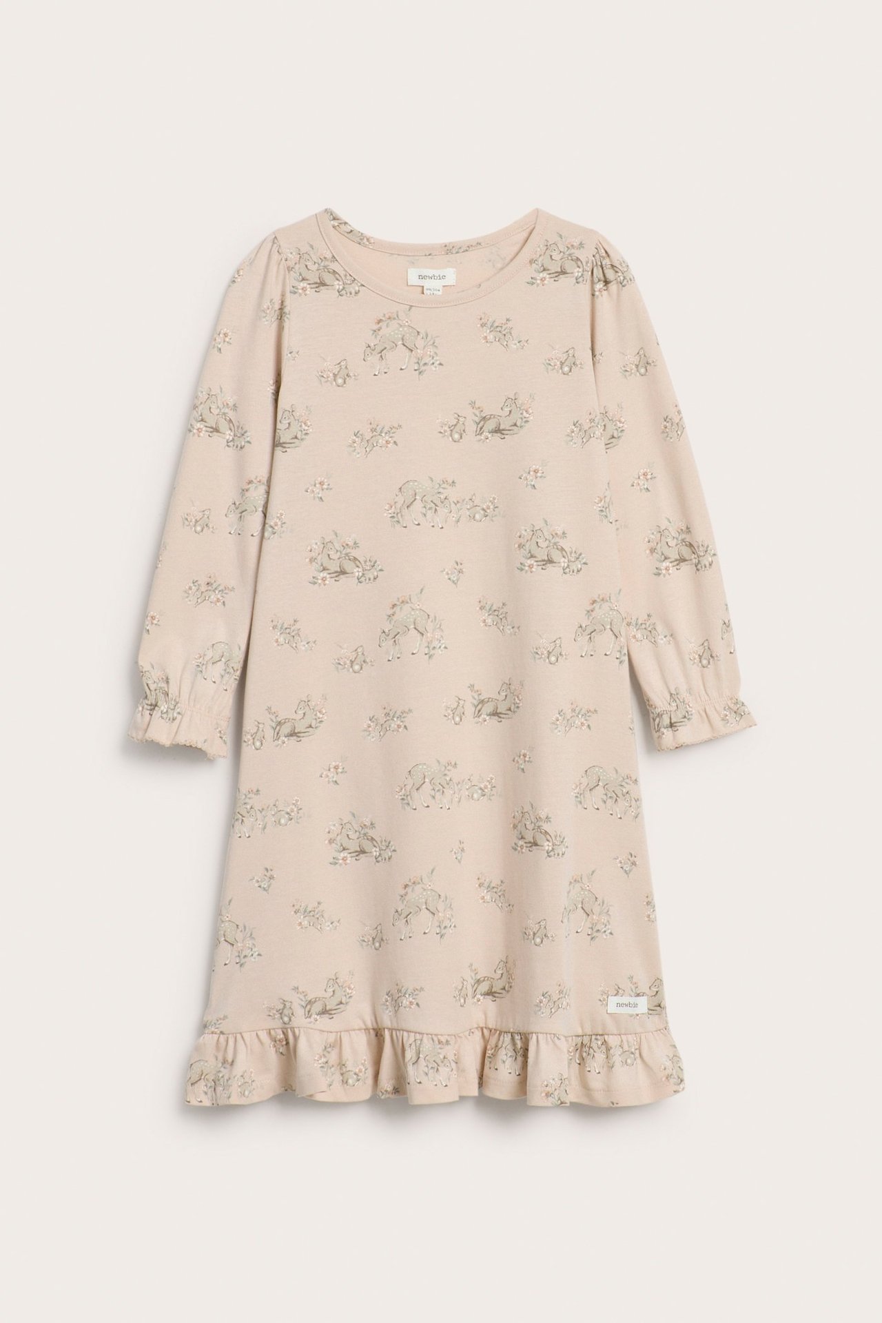 Vorderansicht: Helles rosa Jersey-Nachthemd für Kinder mit Reh- und Blumenmuster, Rüschen an Ärmeln und Saum.
