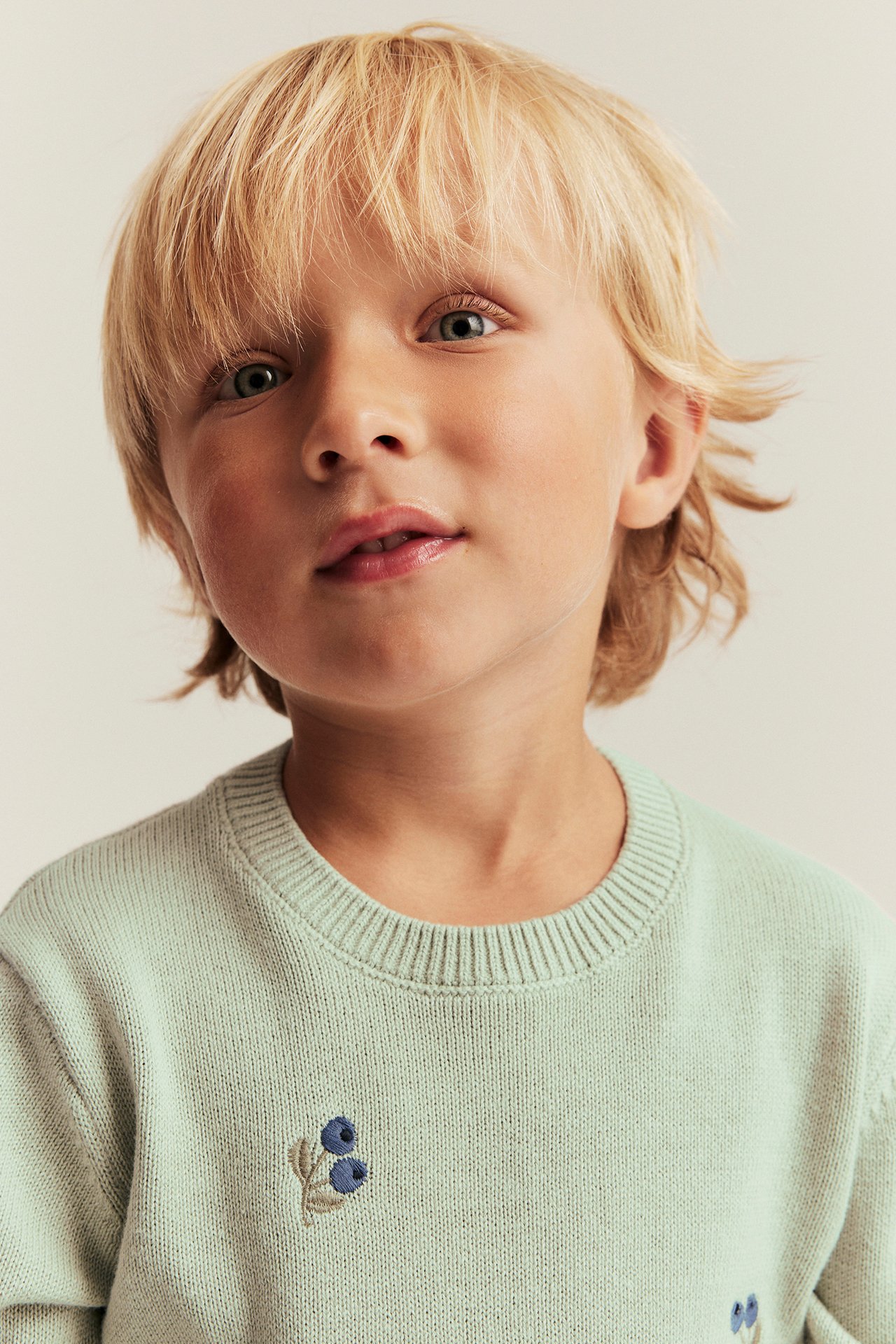 Close-up front view of a kid wearing a light green cotton jacquard-knitted sweater with blueberry embroidery.