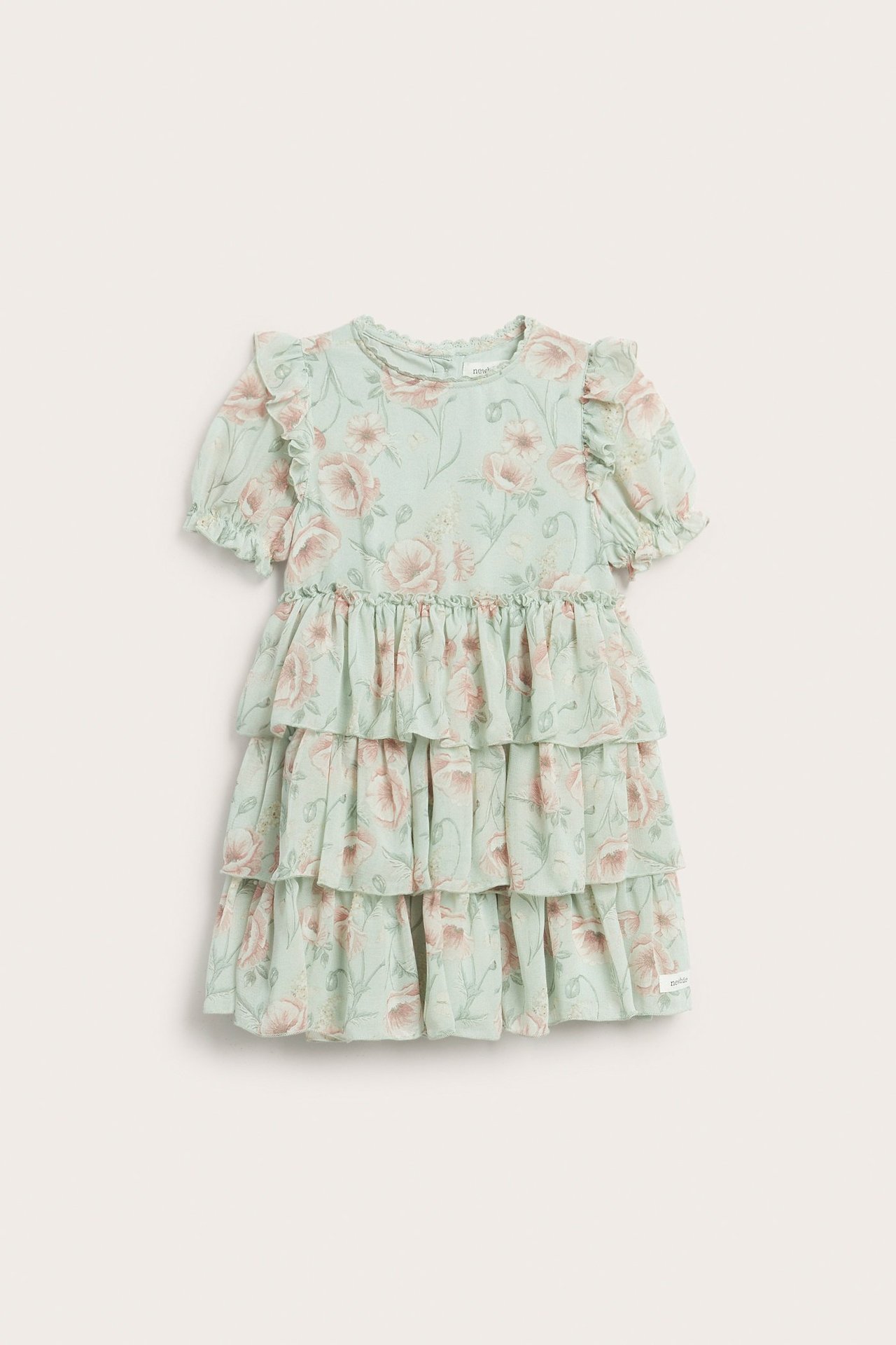 Vorderansicht: Hellgrünes Blumen-Chiffonkleid für Kinder mit Stufenvolants und Puffärmeln.