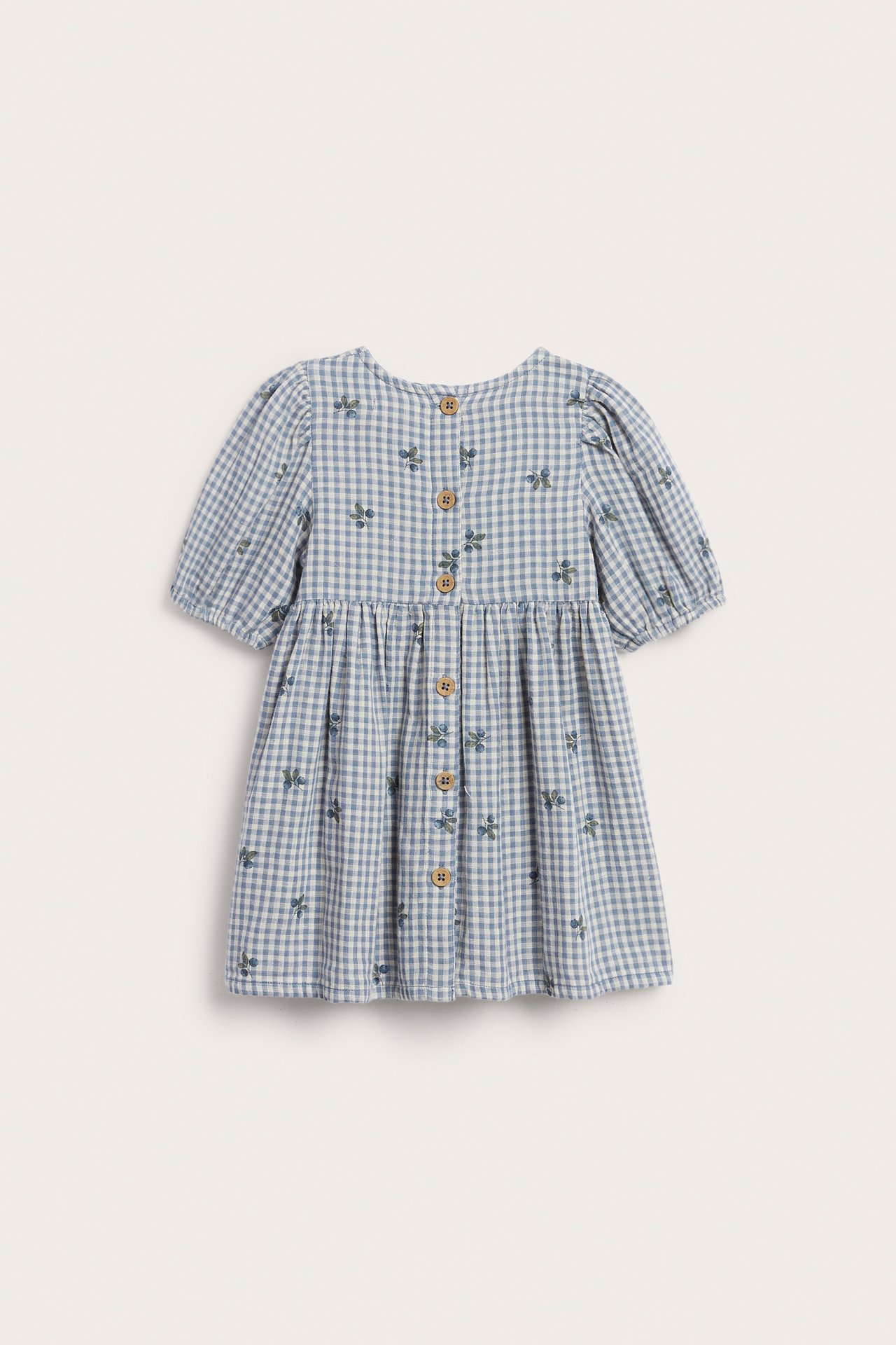 Front view of a kid's blue and white gingham dress with blueberry print, puff sleeves, and back buttons.