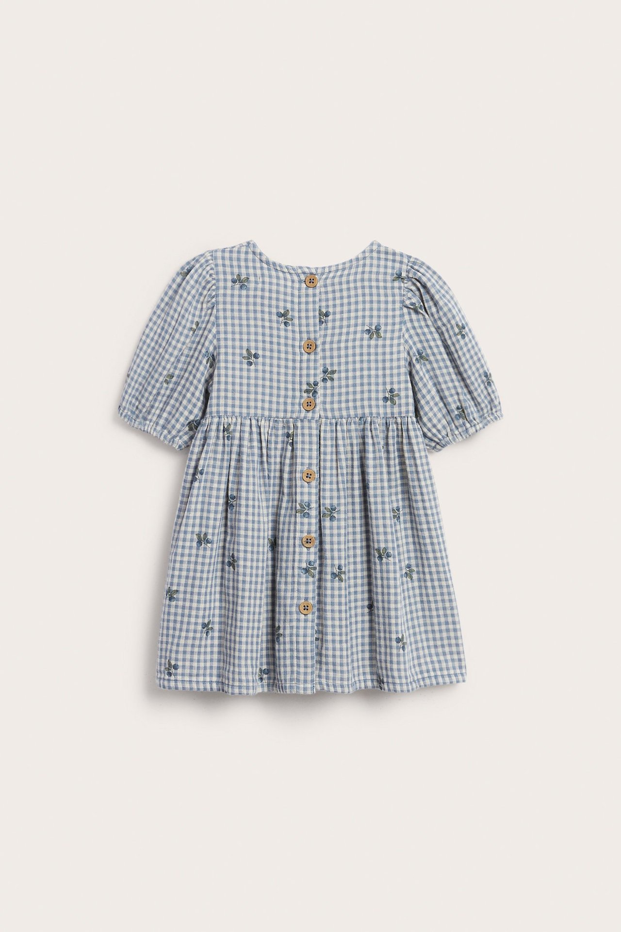 Front view of a kid's blue and white checkered cotton dress with blueberry print and back buttons.