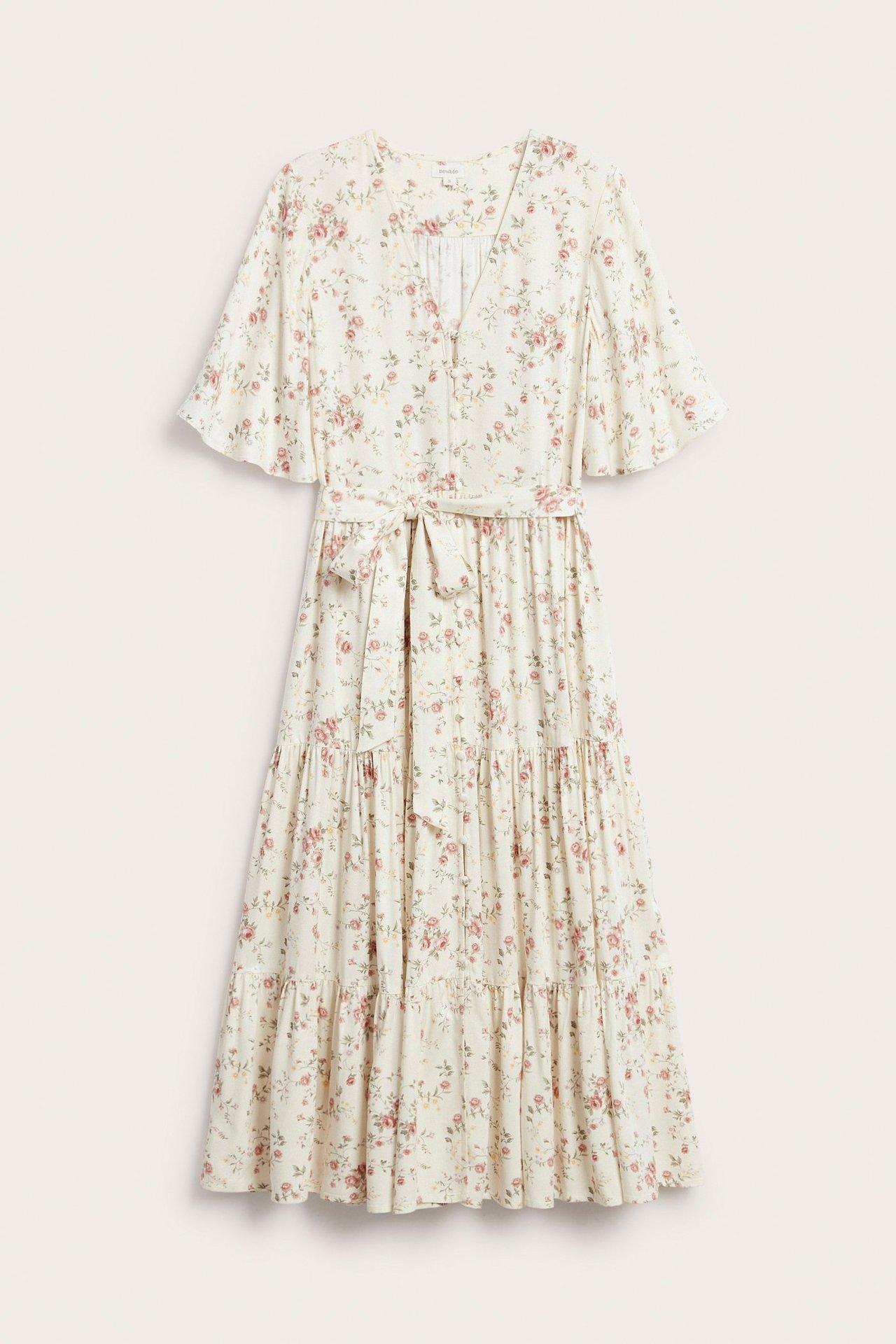 Front view of an off-white floral viscose midi dress with short sleeves and a tie belt.