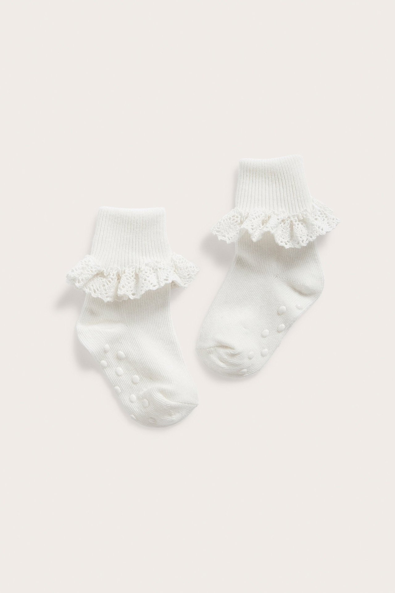 Top-down view of a pair of offwhite baby socks with lace ruffles and anti-slip dots.