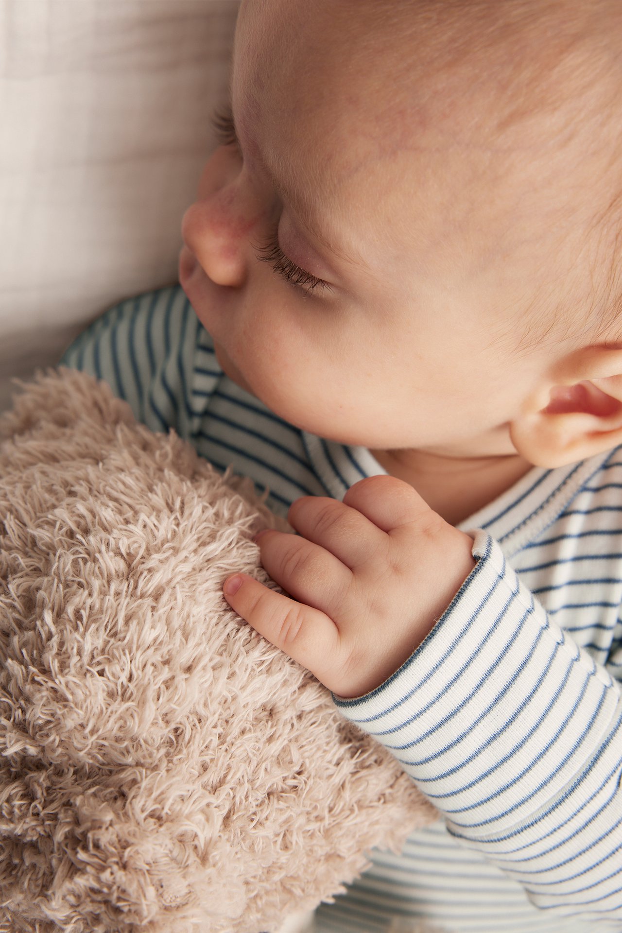 Close-up of a baby wearing a blue and white striped long-sleeved bodysuit, holding a light brown teddy bear.