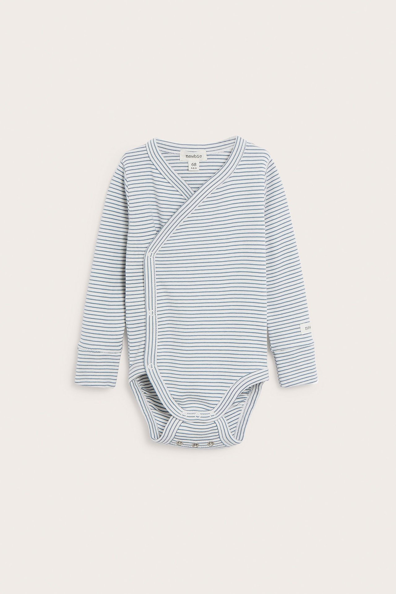 Striped blue wrap-style bodysuit with snap buttons, grow-function, long-sleeved, sizes 44-74.