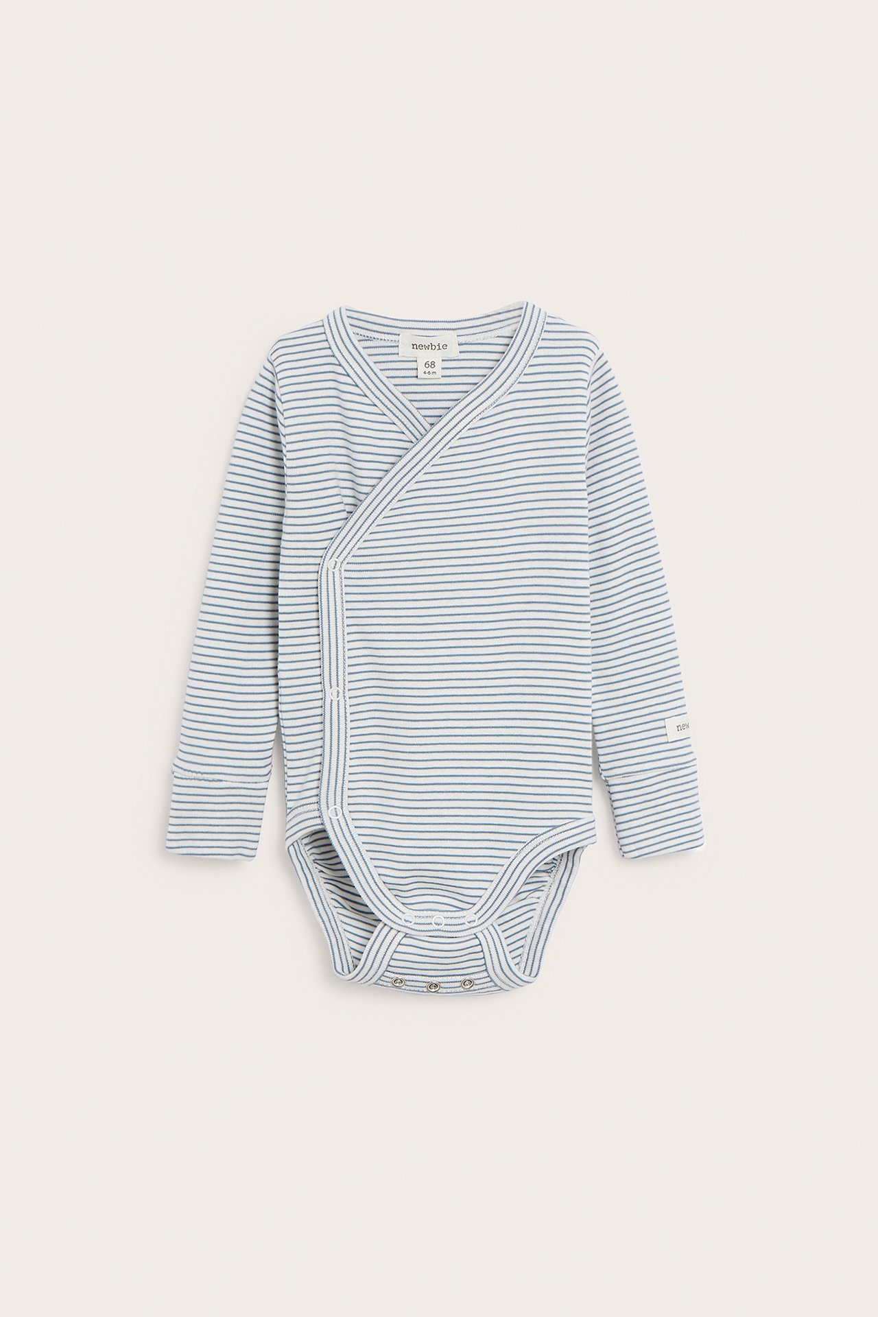 Front view: Baby's light blue striped organic cotton wrap-style bodysuit with snap buttons.