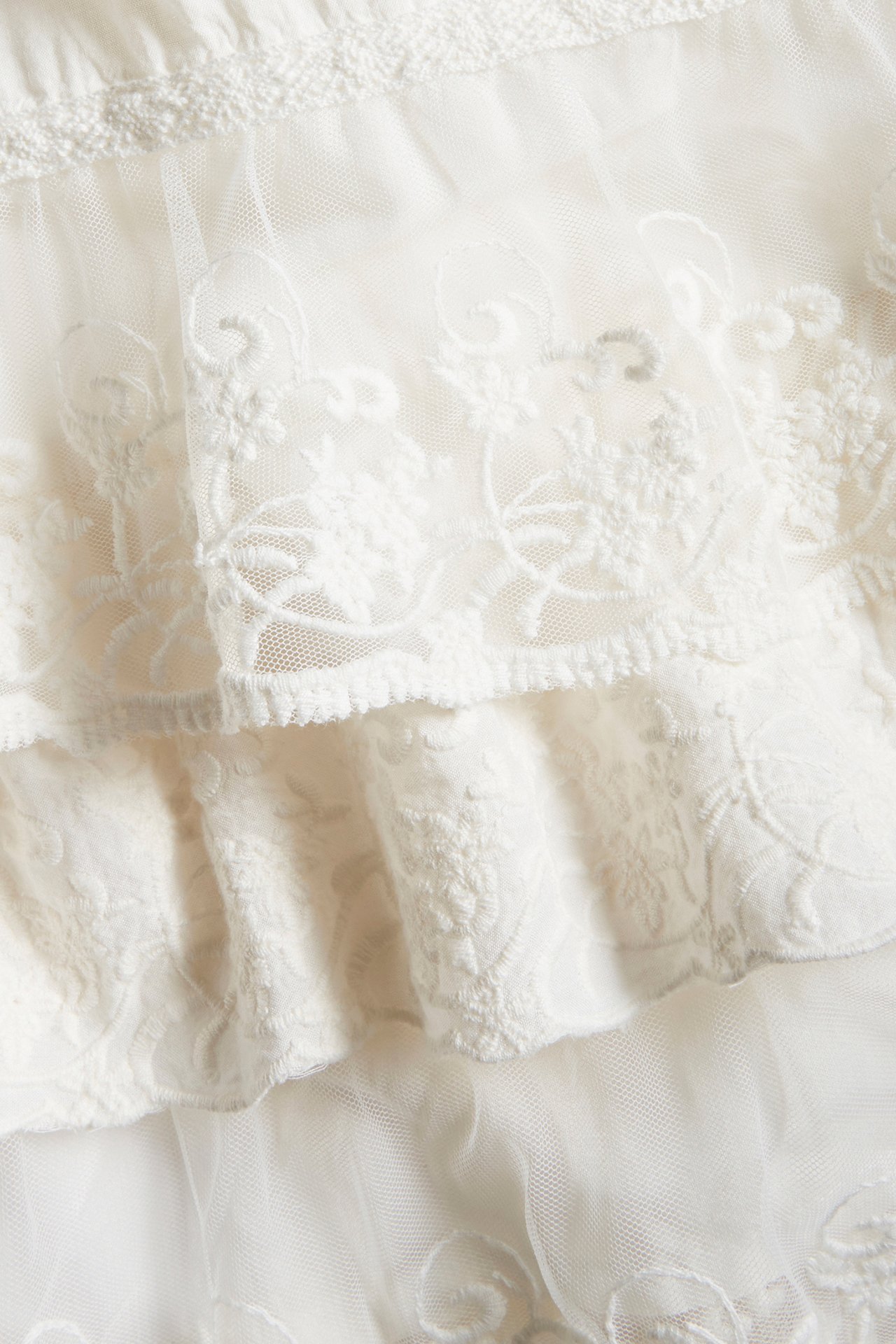 Close-up of an offwhite baby christening dress with delicate lace, tulle, and embroidered floral patterns.