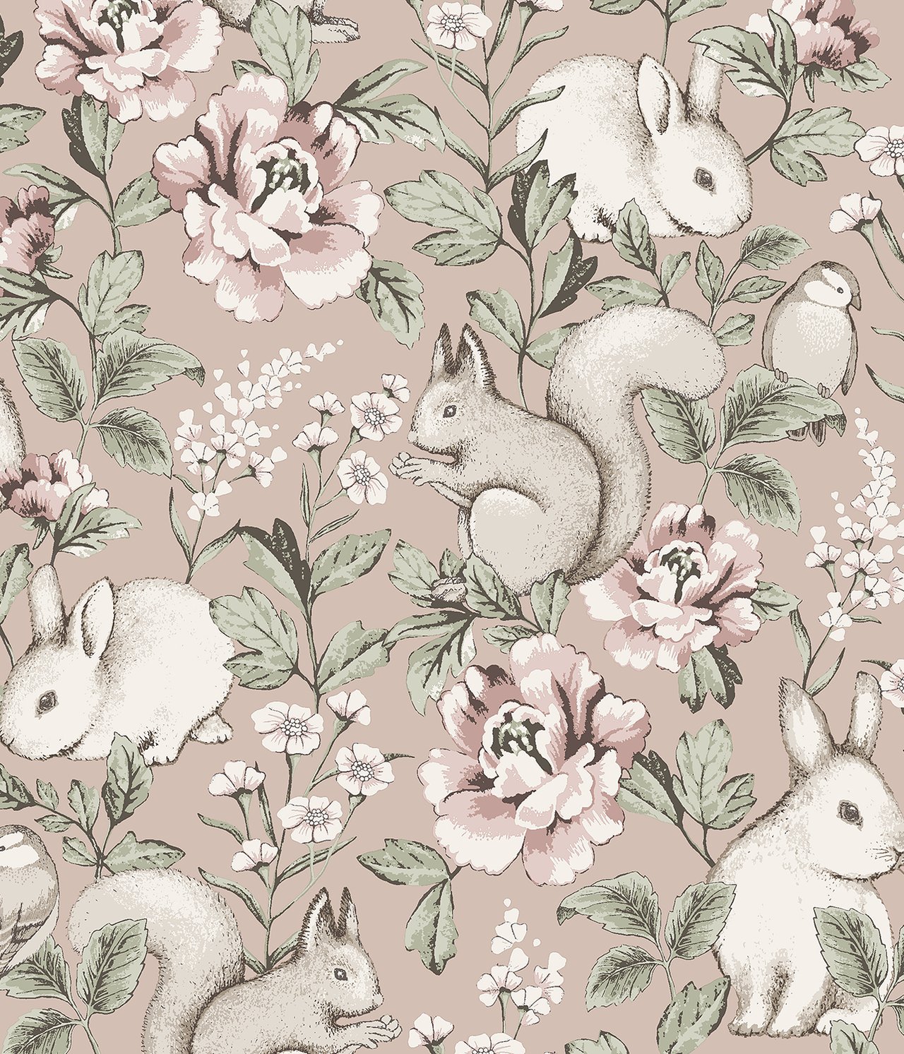 Vorderansicht einer rosa gemusterten Vliestapete mit weißen Kaninchen, Eichhörnchen, Vögeln und rosa Blumen.