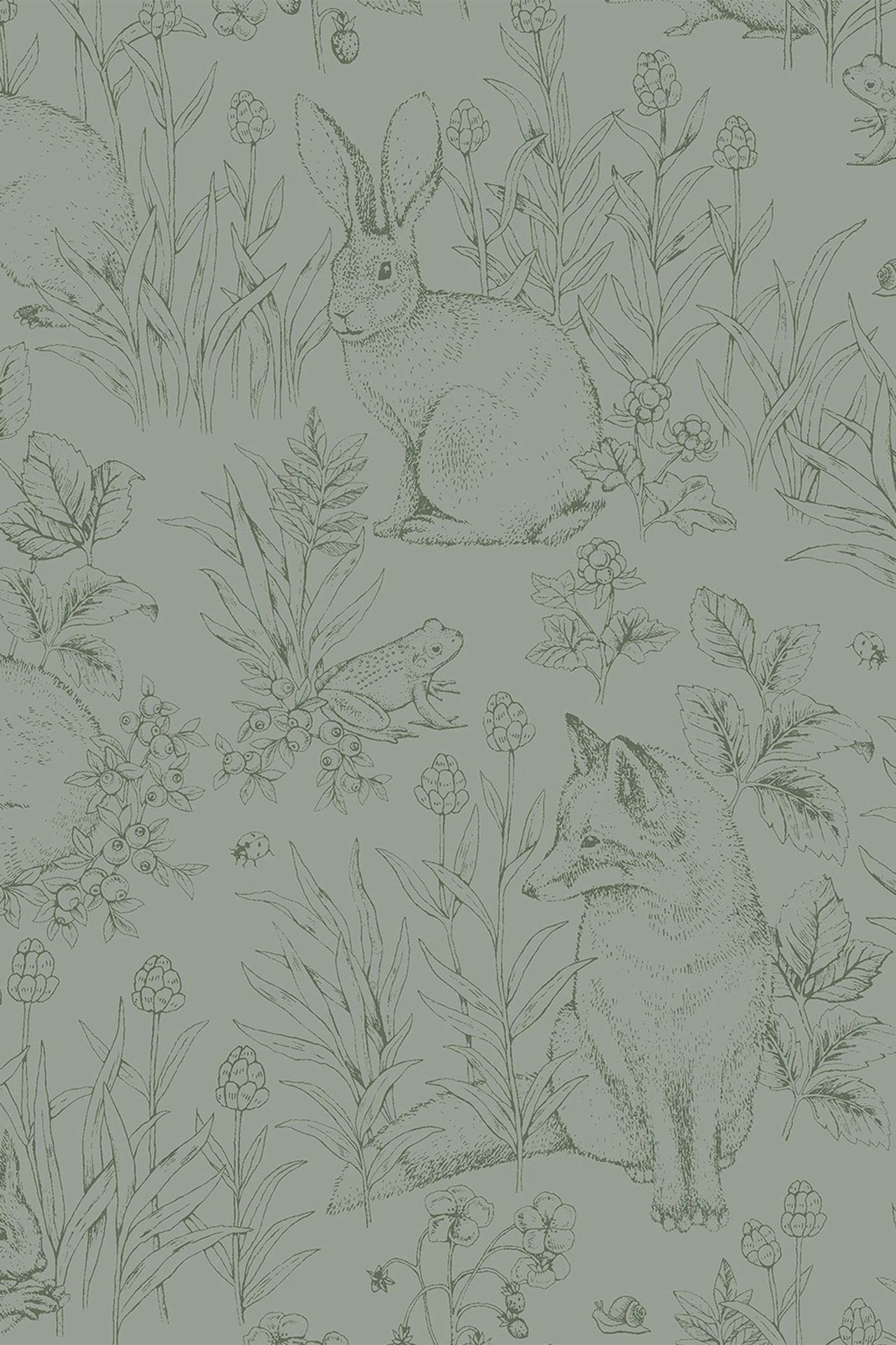 Close-up of green non-woven wallpaper with a detailed forest pattern featuring line-drawn animals and plants.