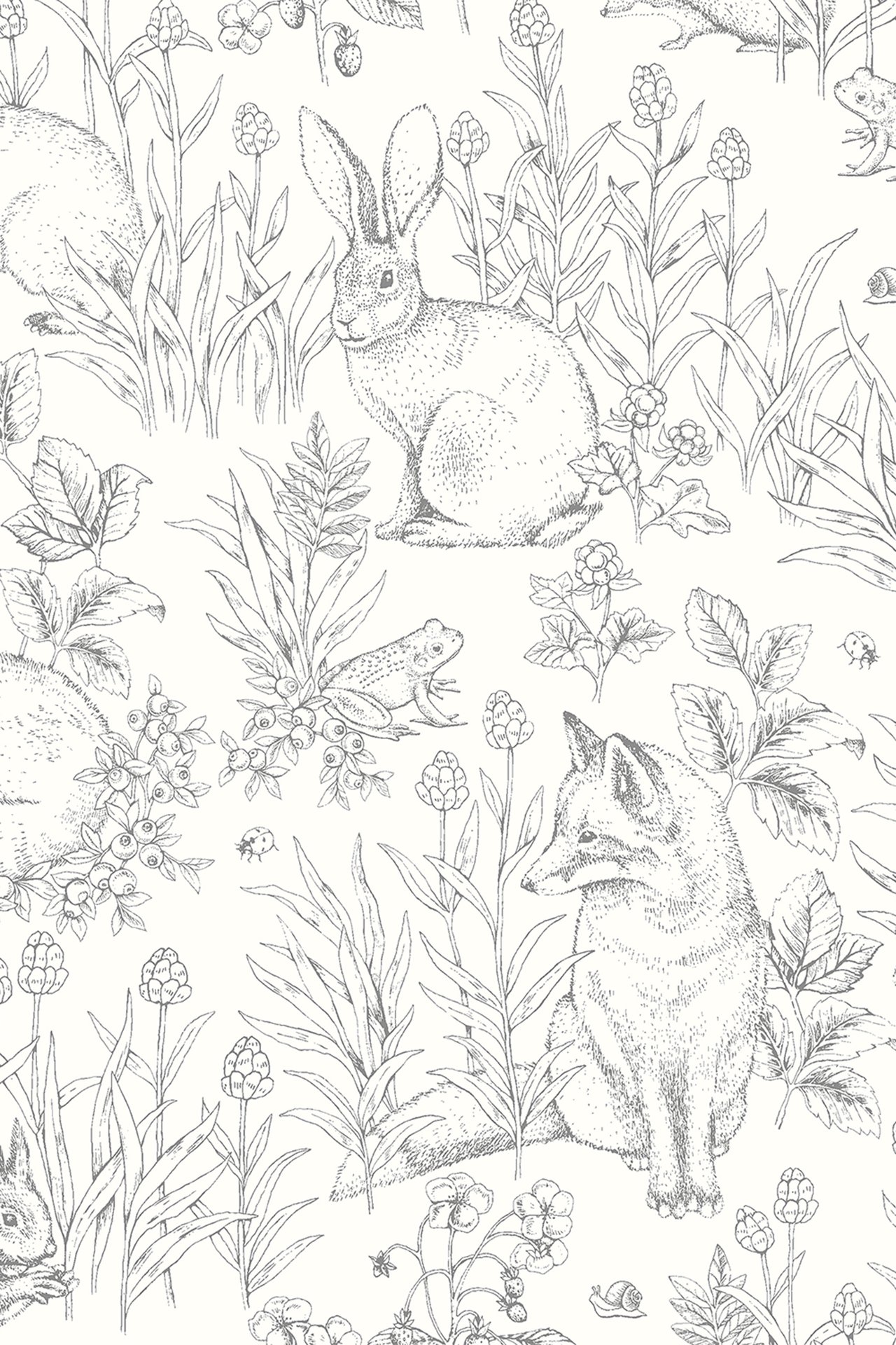 Front view of white non-woven wallpaper with a grey pattern of forest animals and plants.