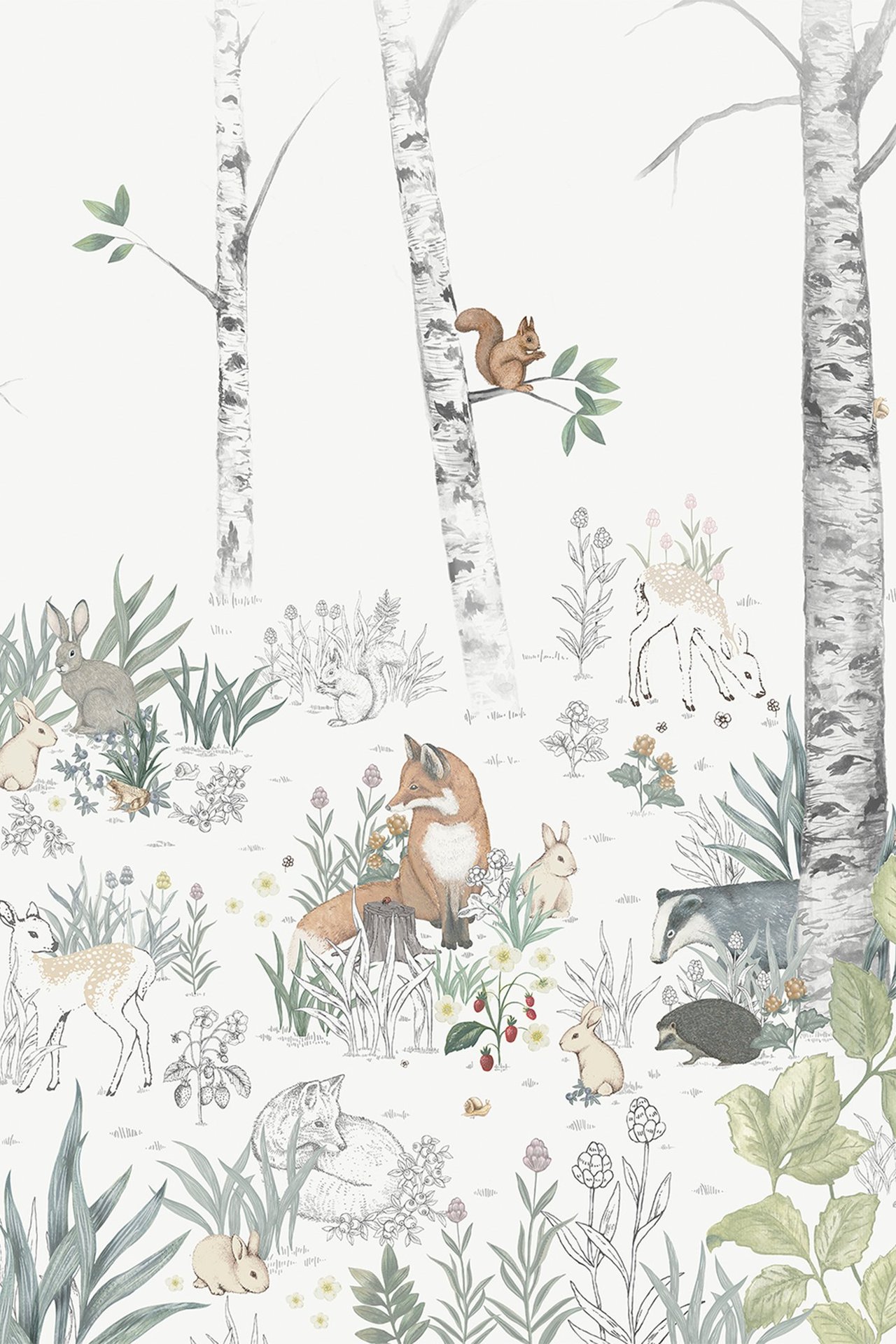 Vorderansicht einer Vliestapete mit detailliertem Waldmotiv und Tiermuster auf hellem Hintergrund.