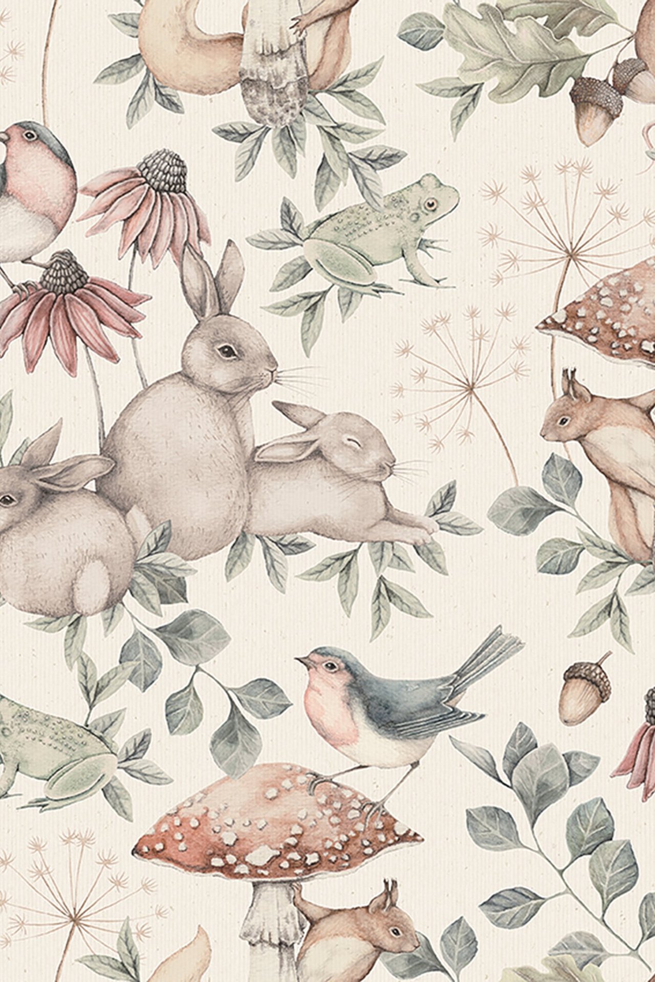 Close-up of off-white patterned wallpaper with watercolor forest animals, plants, and mushrooms.