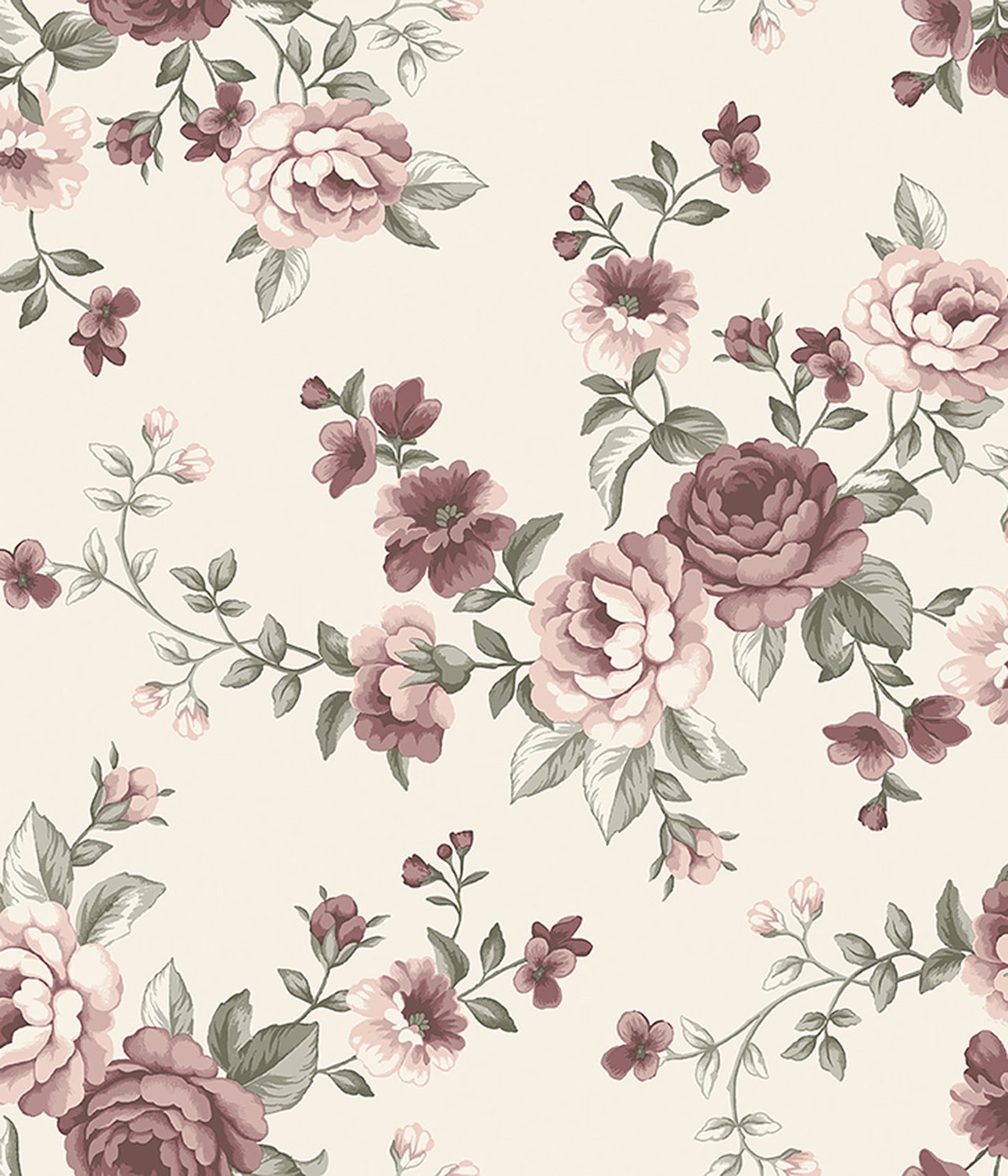 Offwhite Vliestapete mit Blumenmuster aus rosa und weinroten Rosen, grünen Blättern.