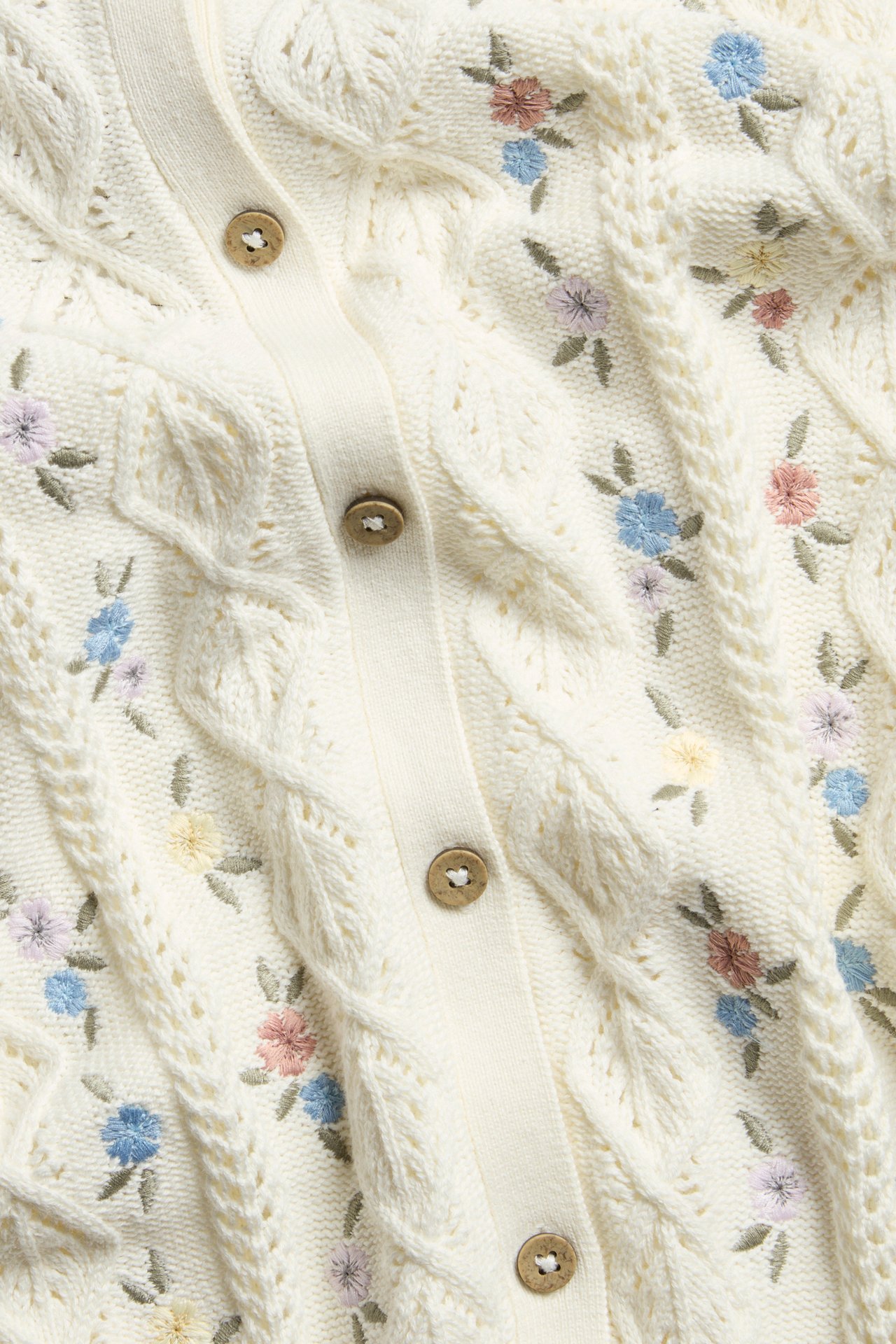 Close-up of an off-white cotton pattern-knitted cardigan with colorful floral embroidery and wooden-look buttons.
