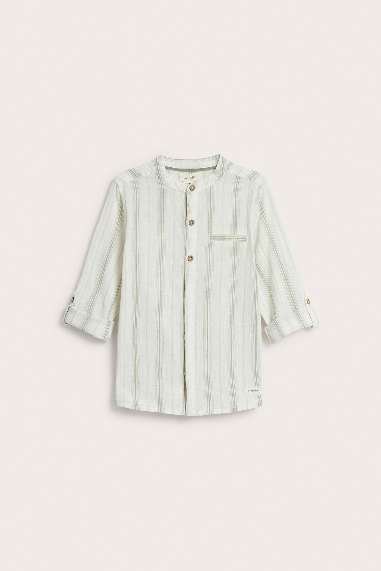 Front view of a kid's light green striped woven cotton shirt with a mandarin collar and rolled-up sleeves.