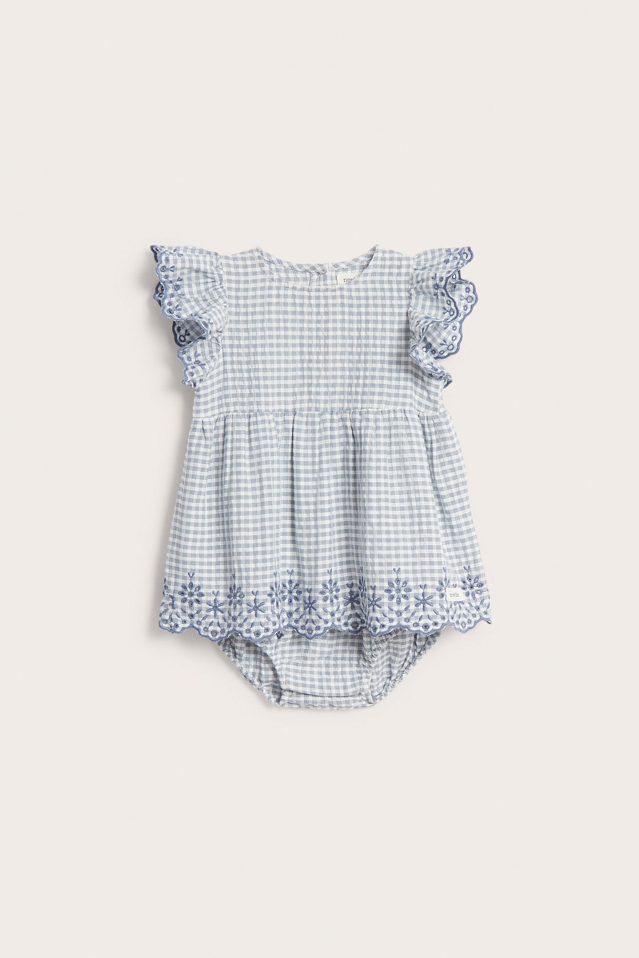 Front view of a baby's blue checked cotton body with ruffled, embroidered sleeves and a scalloped peplum hem.