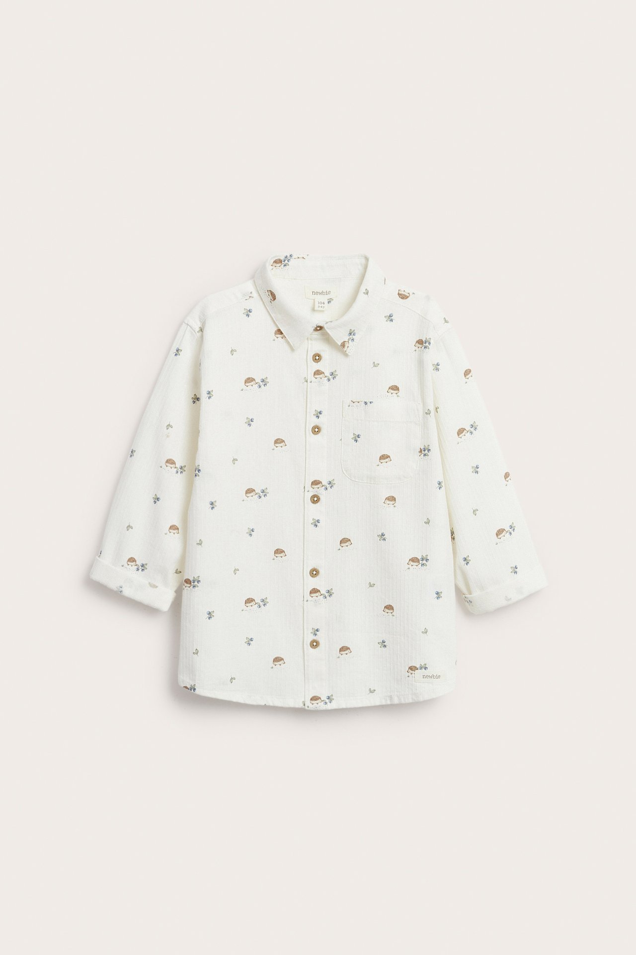 Front view: Off-white kid's cotton shirt with hedgehog print, collar, button front, chest pocket, and rolled sleeves.
