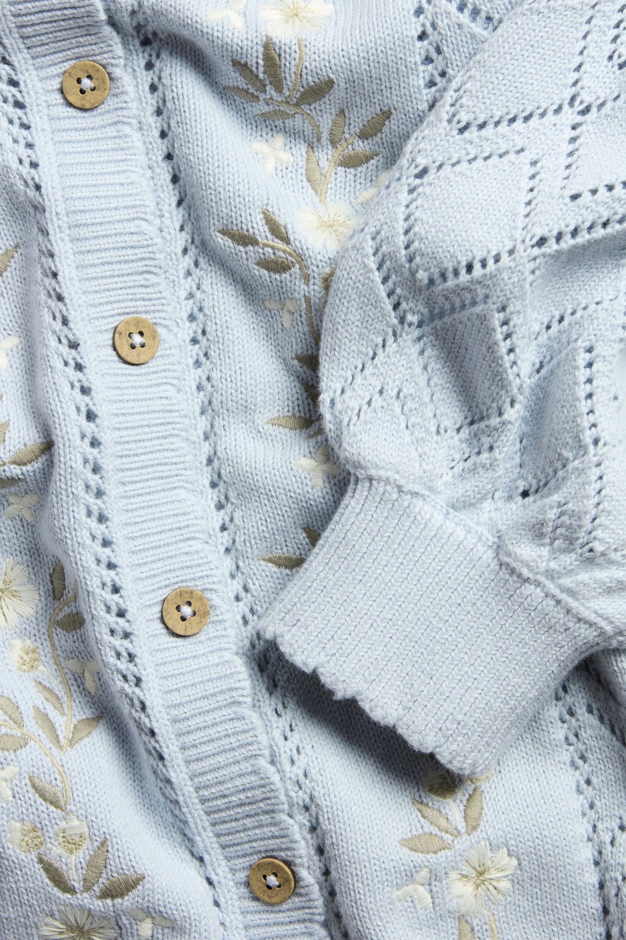 Close-up of a light blue knitted cotton cardigan with openwork details, floral embroidery, and wooden buttons.