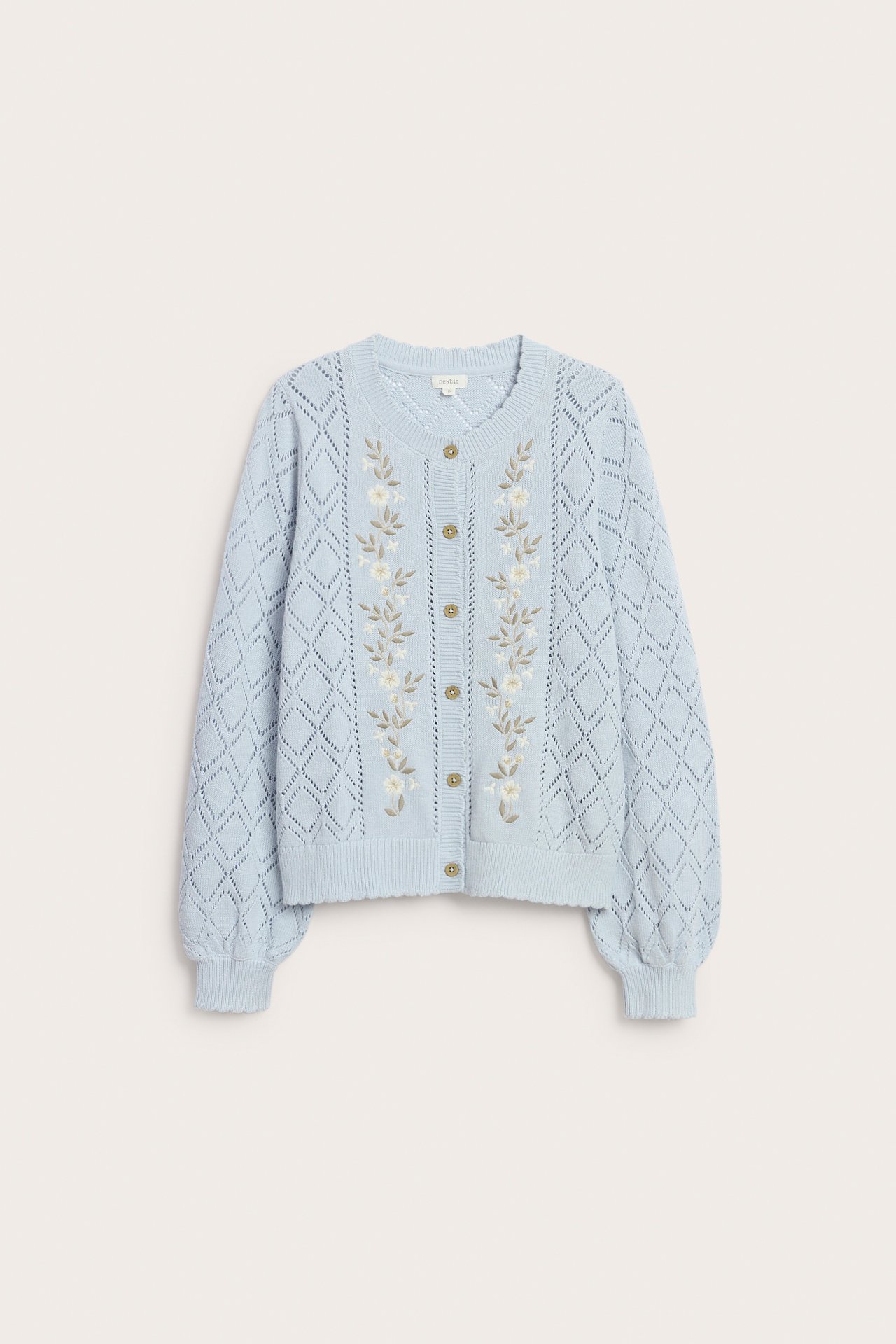 Front view of a light blue knitted cotton cardigan with a diamond openwork pattern and white floral embroidery, fastened with buttons.
