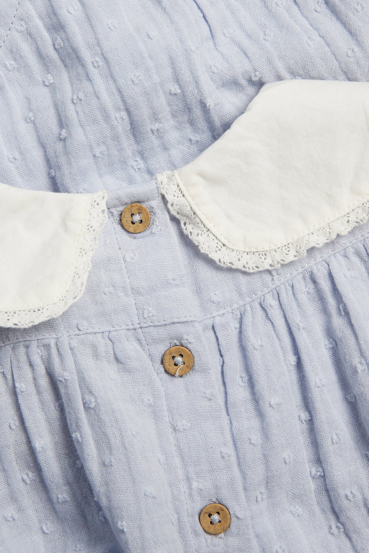 Close-up of a light blue dotted cotton playsuit with a white lace-edged sailor collar and wooden-look buttons.