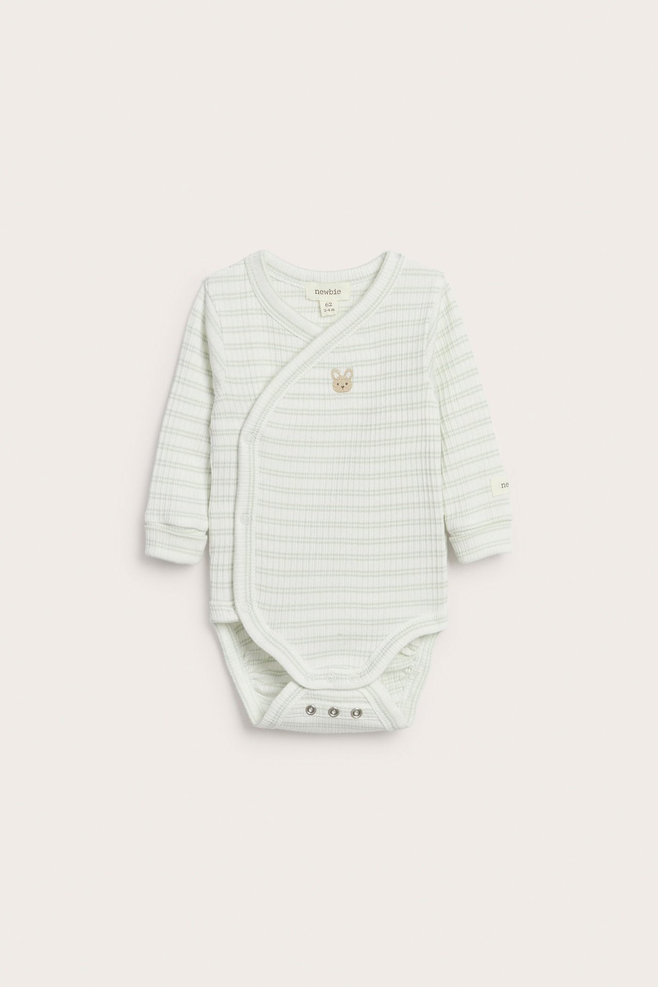 Front view of a light green striped baby wrap bodysuit with an embroidered bunny and crotch snaps.