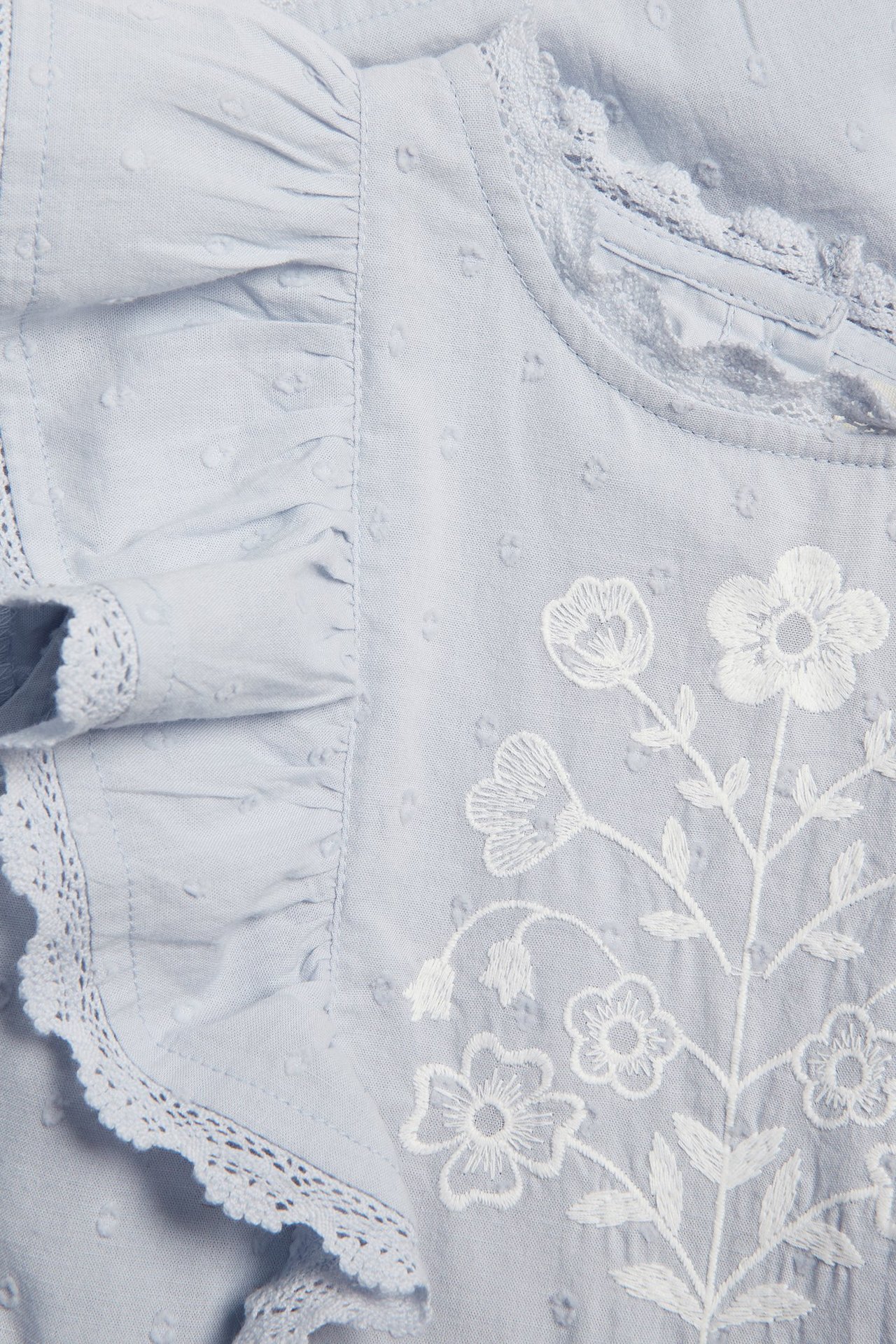 Close-up of a kid's light blue dotted cotton dress with white embroidered flowers and lace-trimmed ruffles.