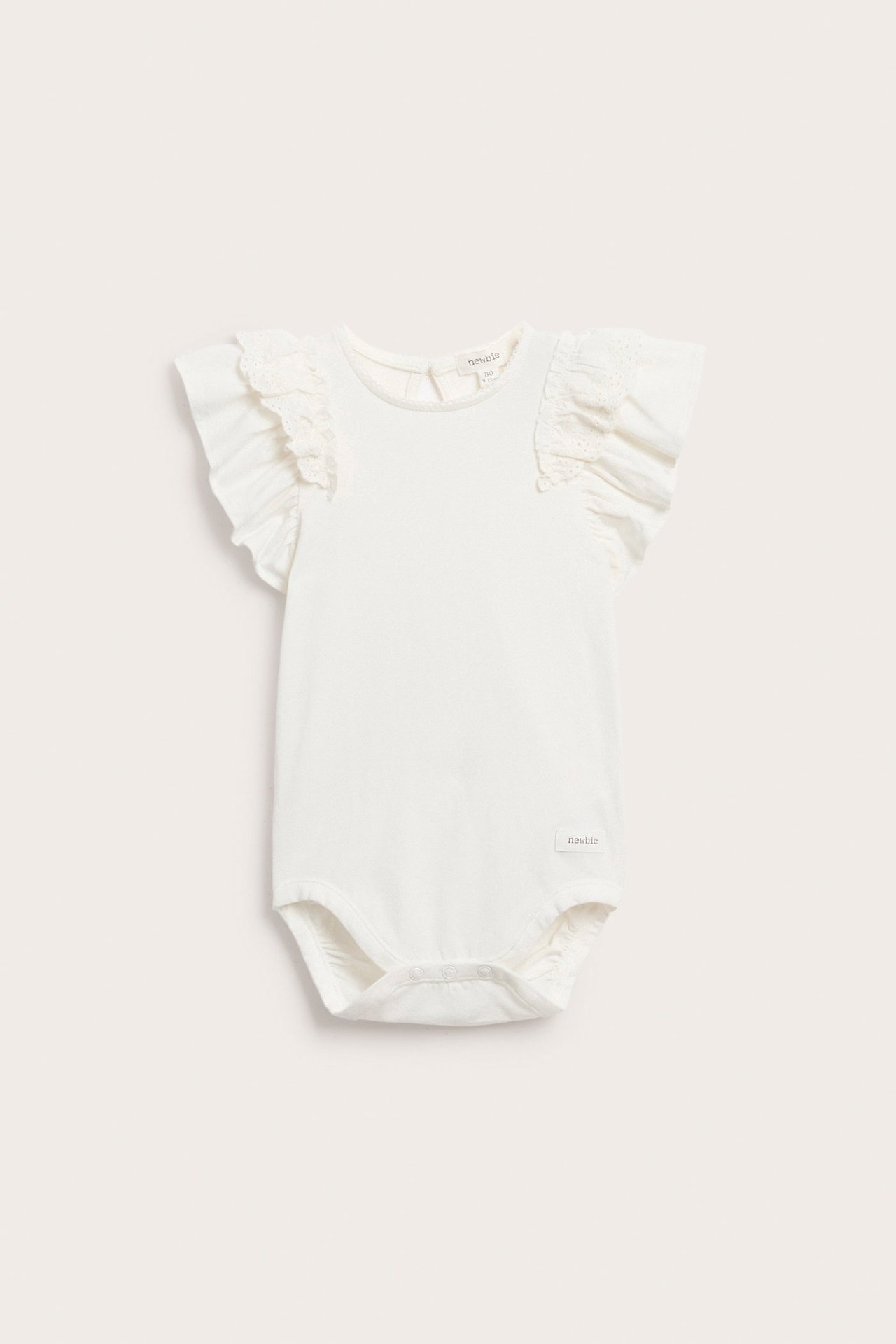Front view of an offwhite baby bodysuit with short ruffled lace sleeves and snap fasteners at the crotch.