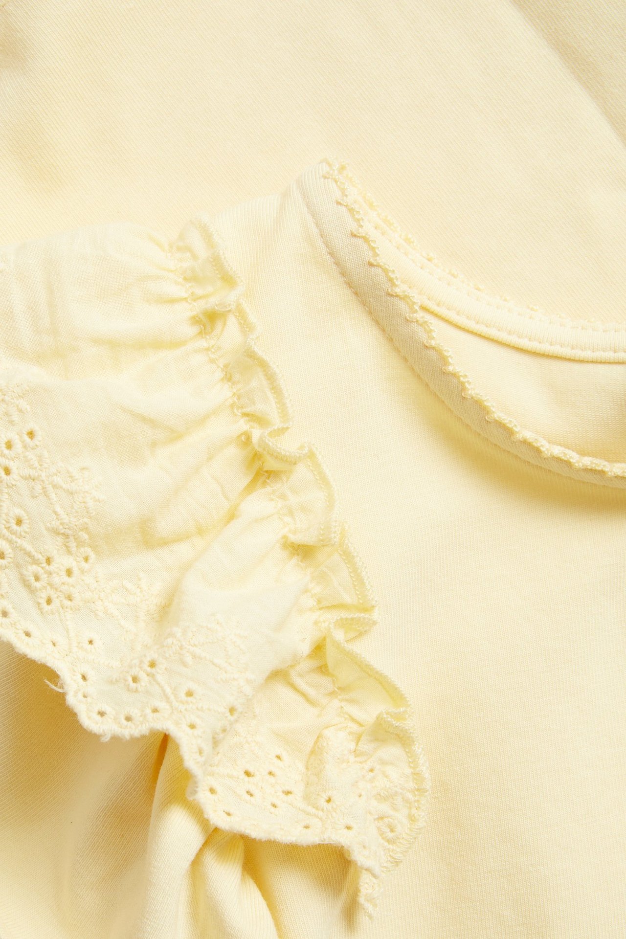 Close-up of a yellow short-sleeved top with lace ruffle at shoulder and picot stitched neckline.