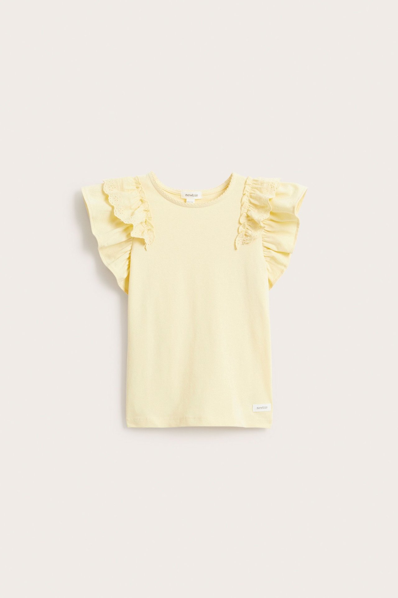 Front view of a kid's light yellow short-sleeved top with ruffle sleeves and lace trim on shoulders.