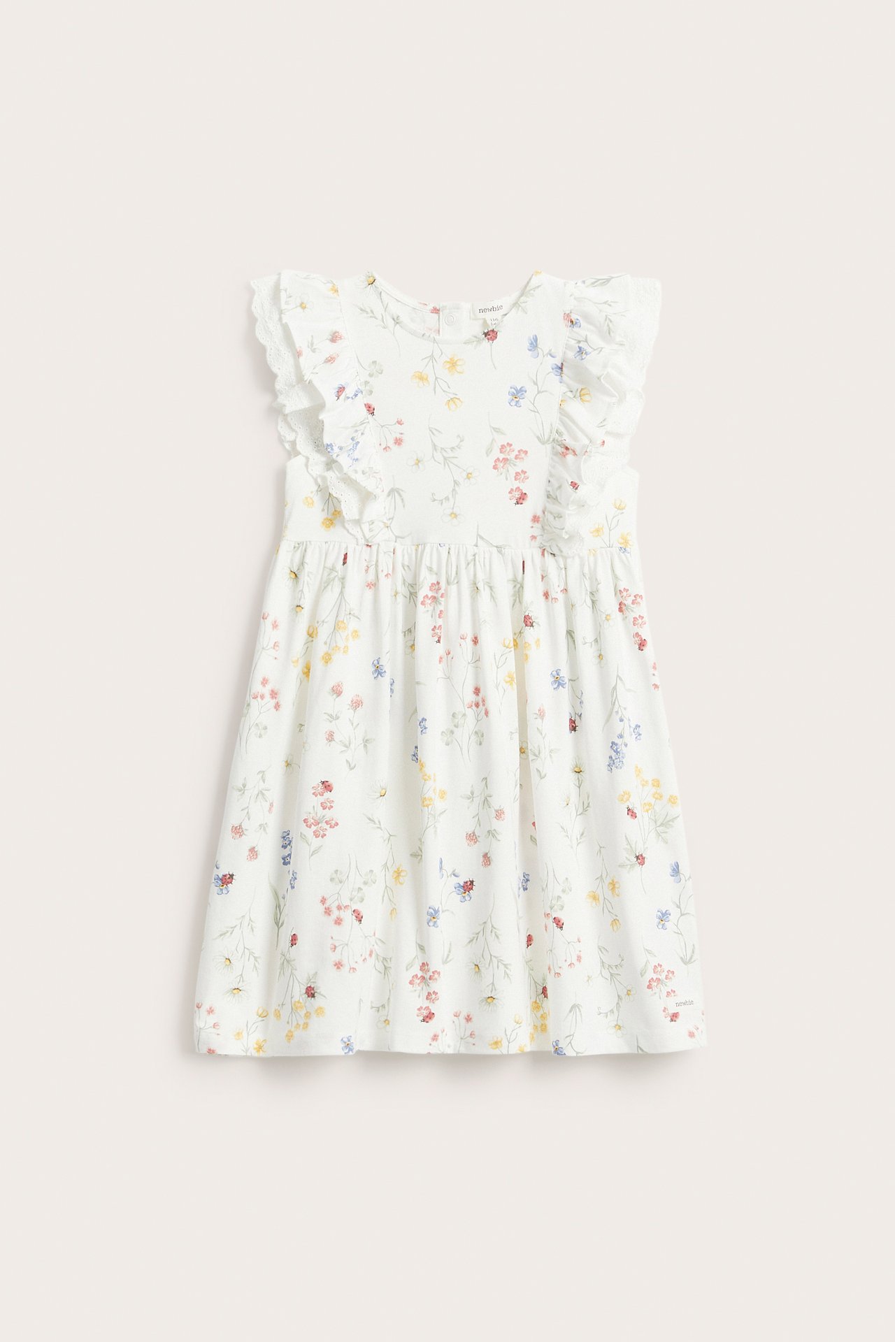 Front view of an off-white kid's floral jersey dress with ruffled, lace-trimmed sleeves.